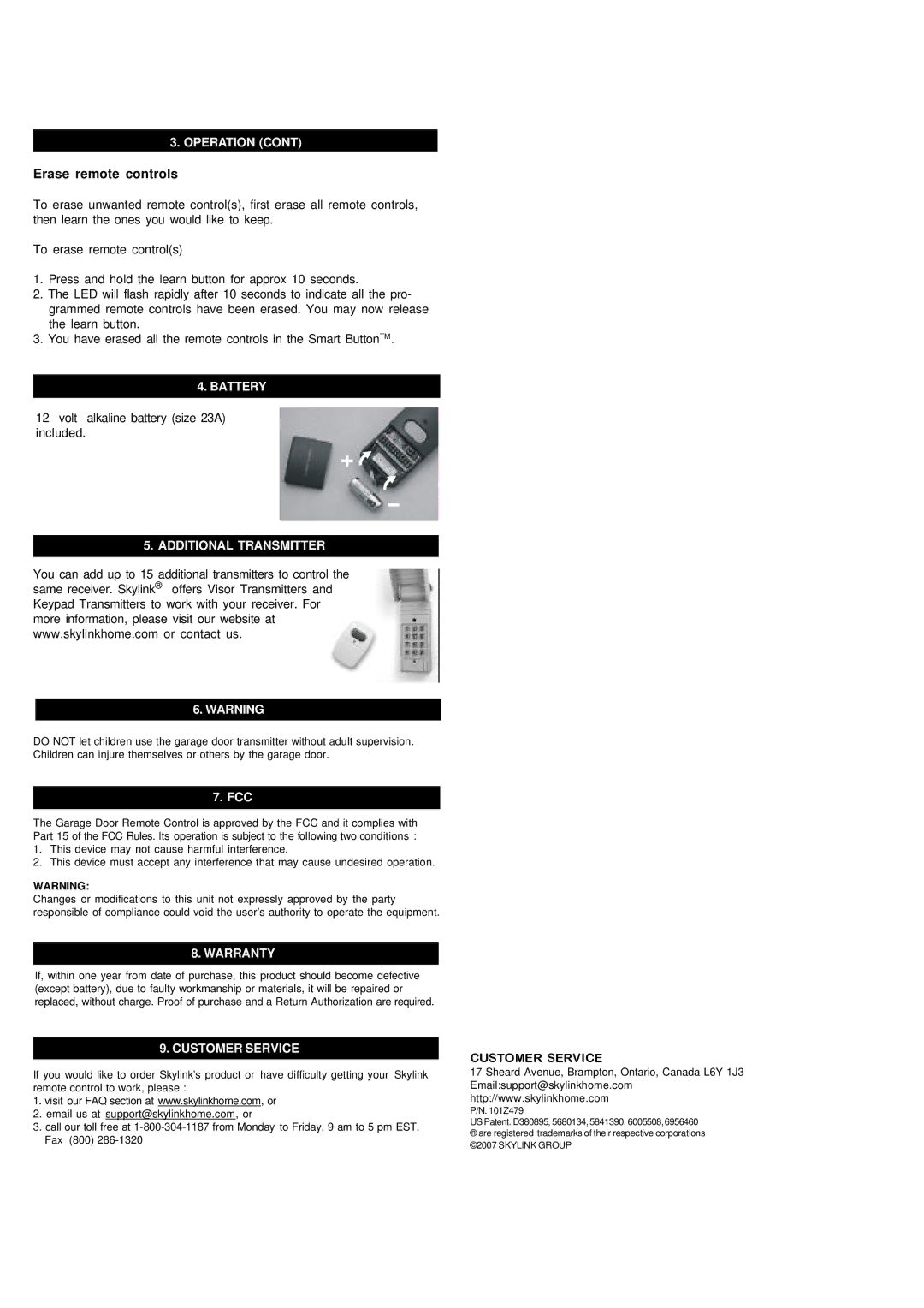 SkyLink G6MR manual Erase remote controls, Battery, Additional Transmitter, Warranty, Customer Service 