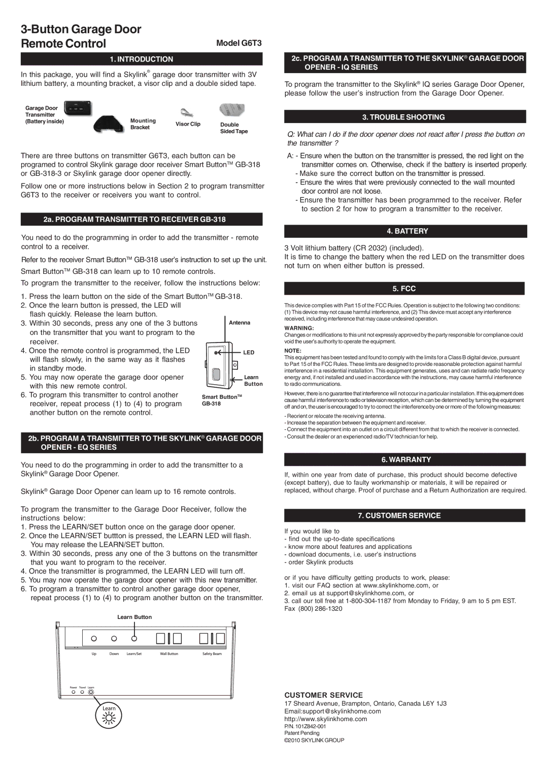 SkyLink G6T3 warranty Introduction, Opener EQ Series, Opener IQ Series, Trouble Shooting, Battery, Warranty 