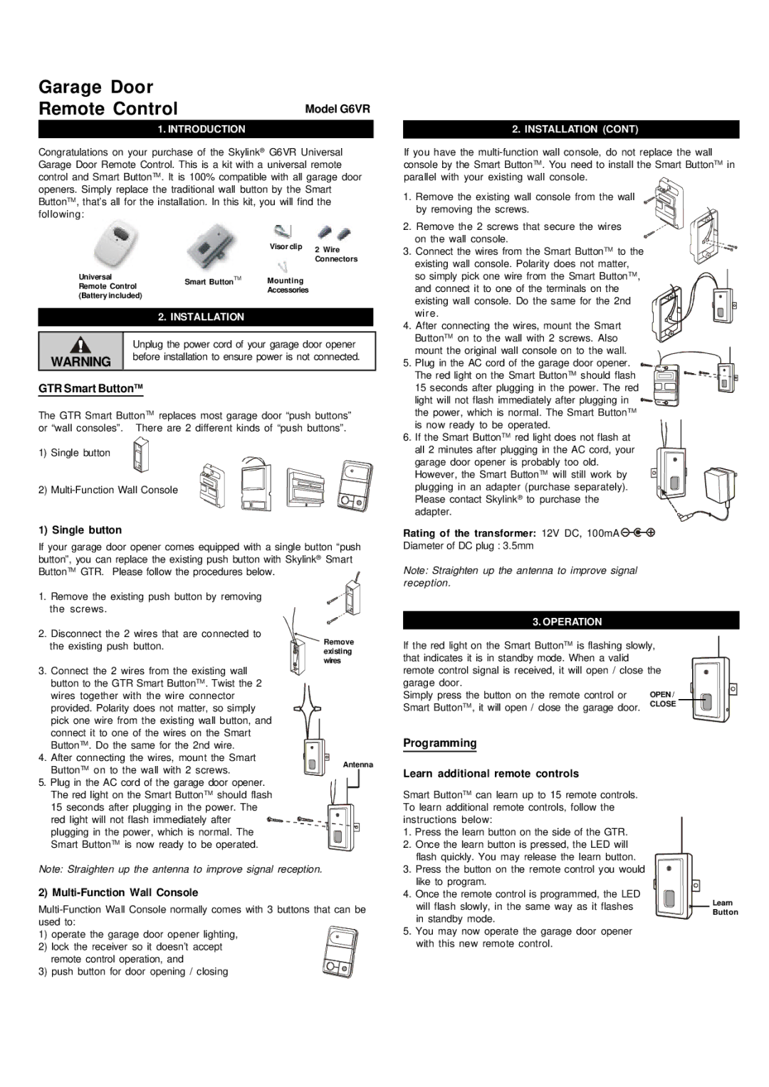 SkyLink manual Model G6VR, GTR Smart ButtonTM, Programming 