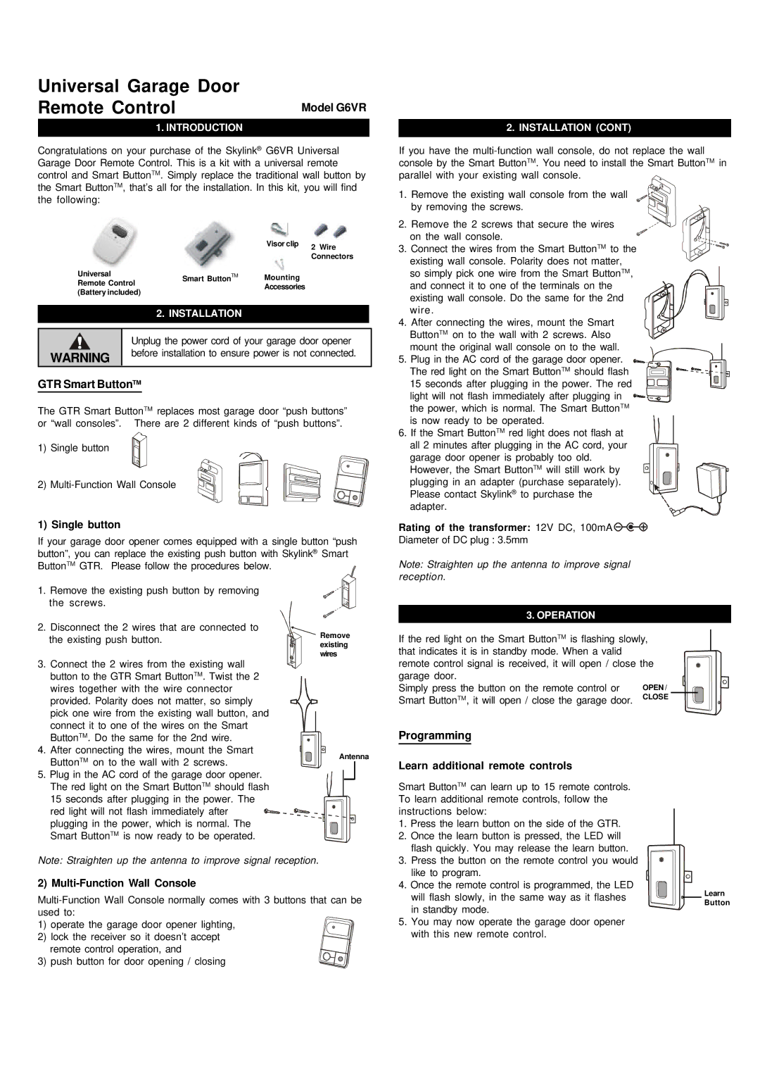 SkyLink manual Model G6VR, GTR Smart ButtonTM, Programming 