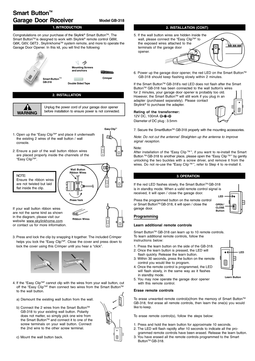 SkyLink manual Model GB-318, Programming, Introduction, Installation, Operation 