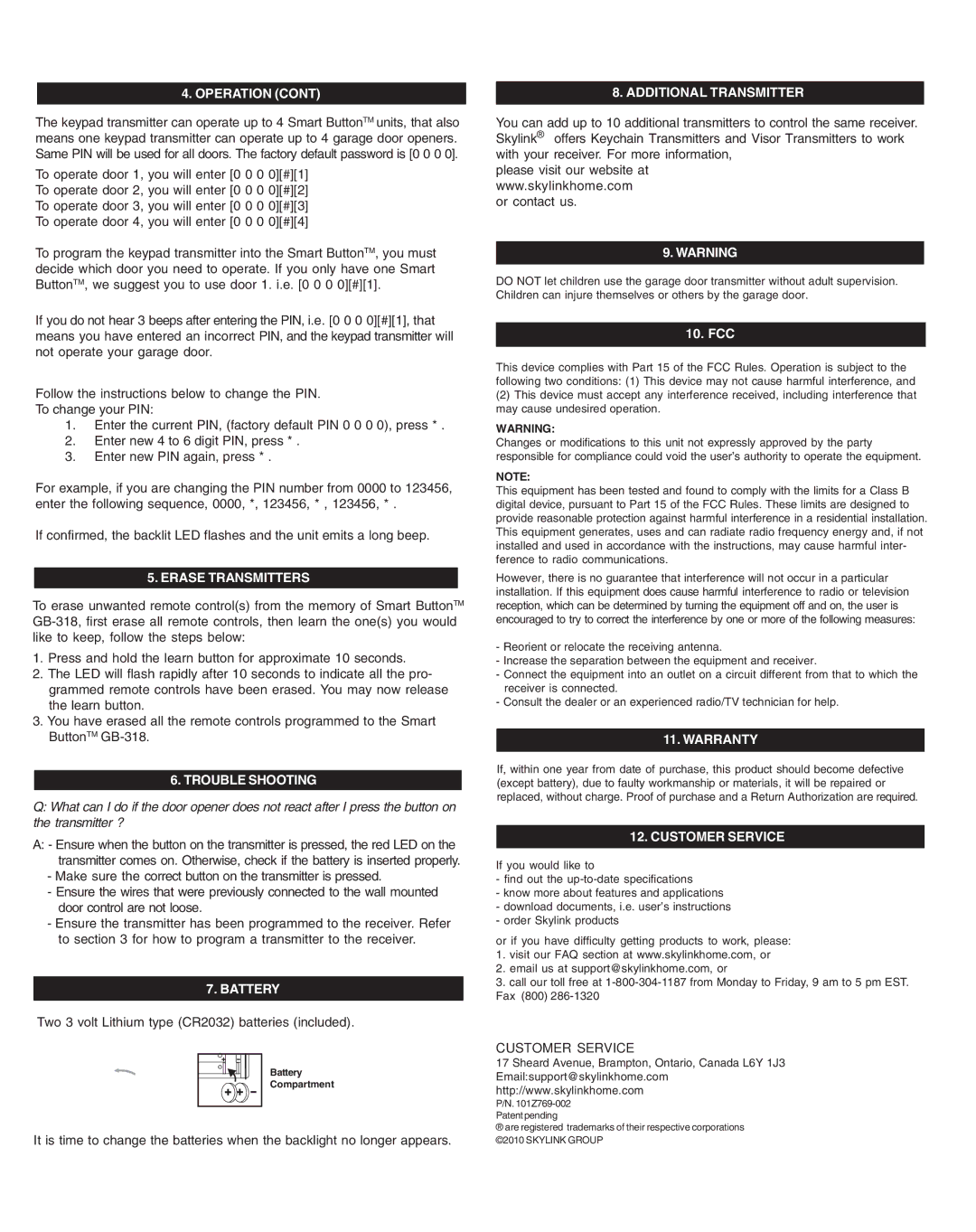 SkyLink GBRK manual Erase Transmitters, Trouble Shooting, Battery, Additional Transmitter, Warranty, Customer Service 