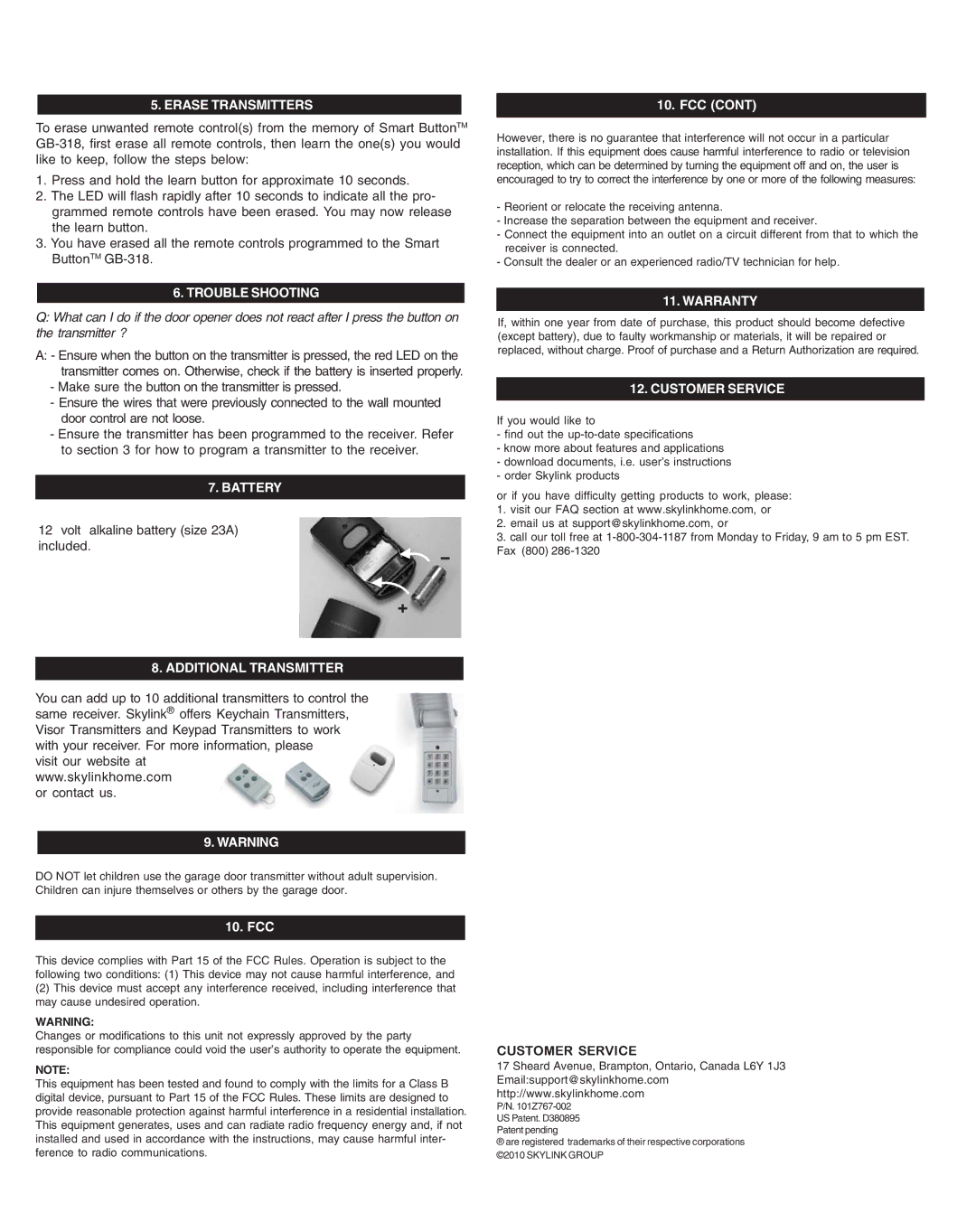 SkyLink GBRM manual Erase Transmitters, Trouble Shooting, Battery, Additional Transmitter, Warranty, Customer Service 