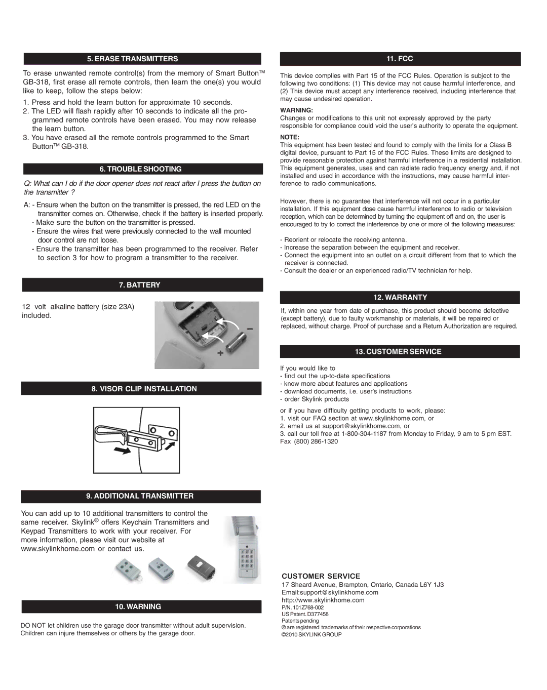 SkyLink GBRV manual Erase Transmitters, Trouble Shooting, Battery, Visor Clip Installation, Warranty, Customer Service 