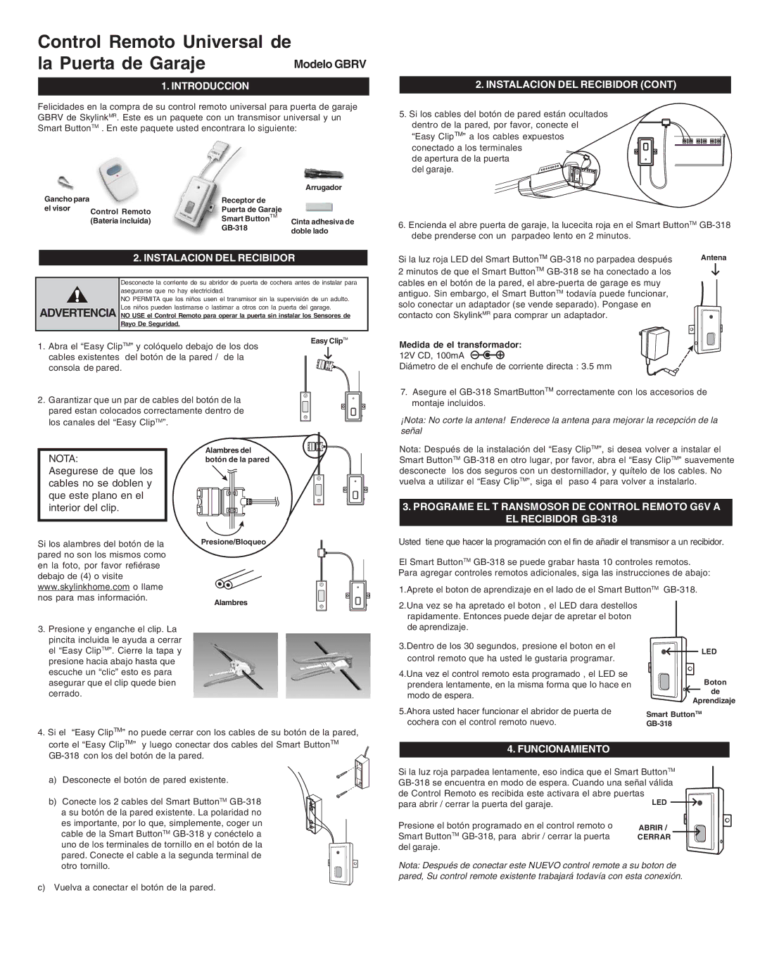 SkyLink GBRV manual Introduccion, Instalacion DEL Recibidor, Nota, Funcionamiento 