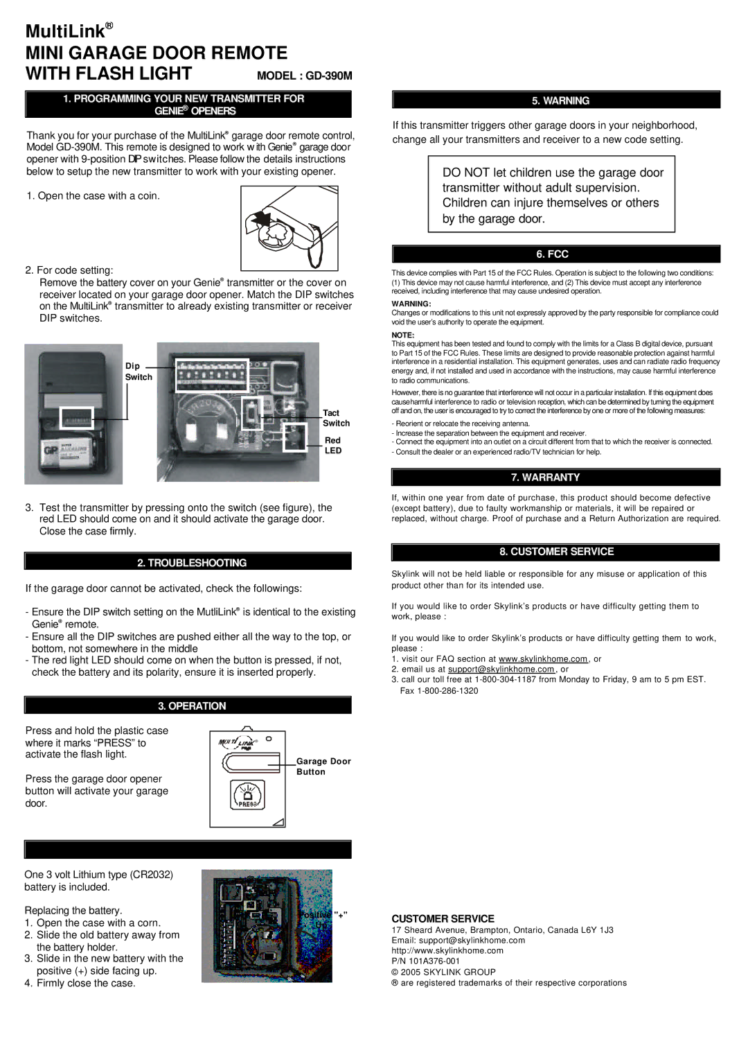 SkyLink warranty Mini Garage Door Remote With Flash Light, Model GD-390M 