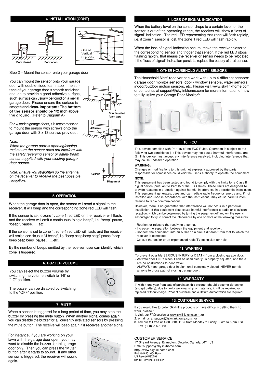 SkyLink GM-318 manual Loss of Signal Indication, Other Household Alert Sensors, Operation, Buzzer Volume, Mute, Warranty 