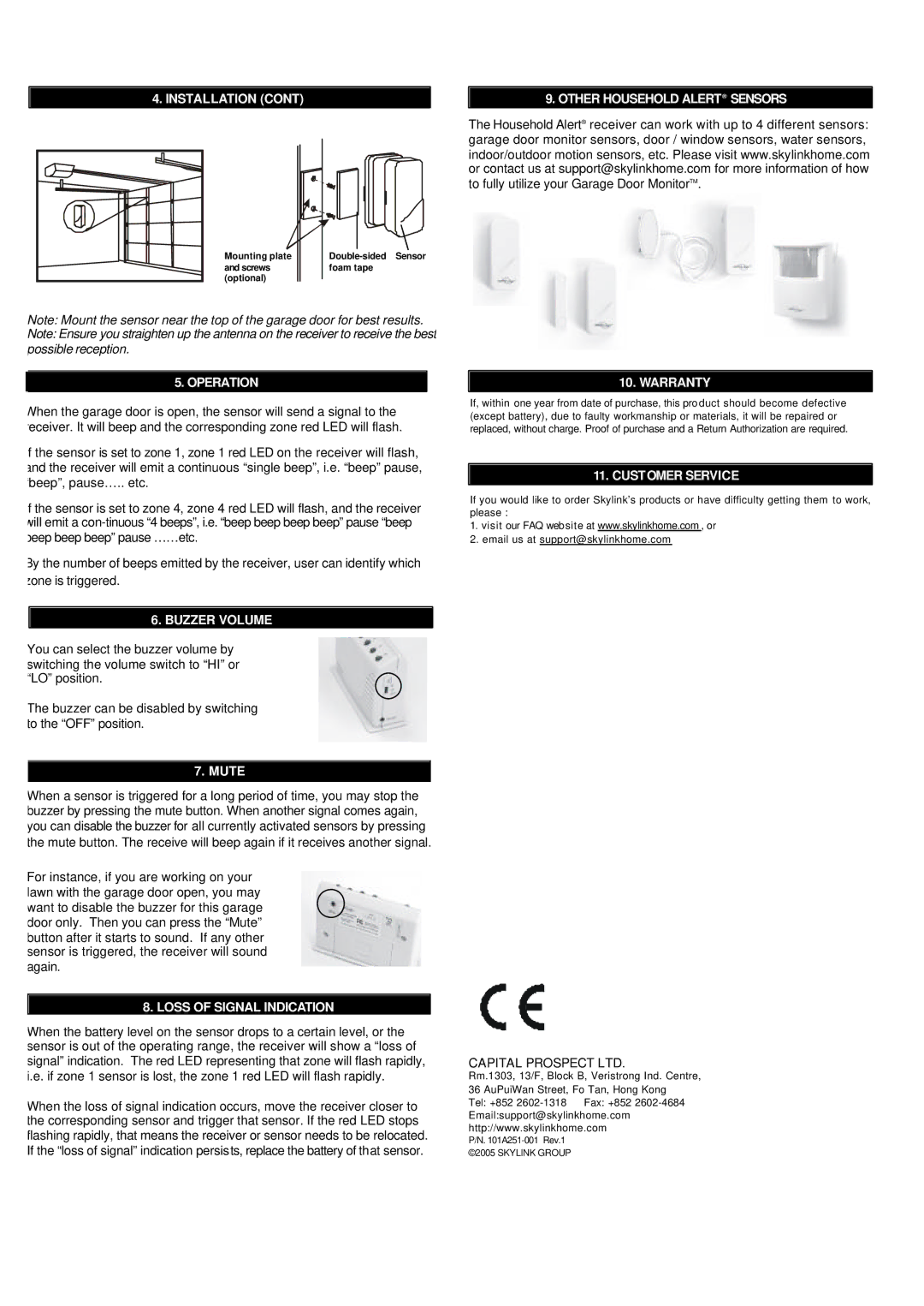 SkyLink GM-434T manual Operation, Buzzer Volume, Mute, Loss of Signal Indication, Other Household Alert Sensors Warranty 