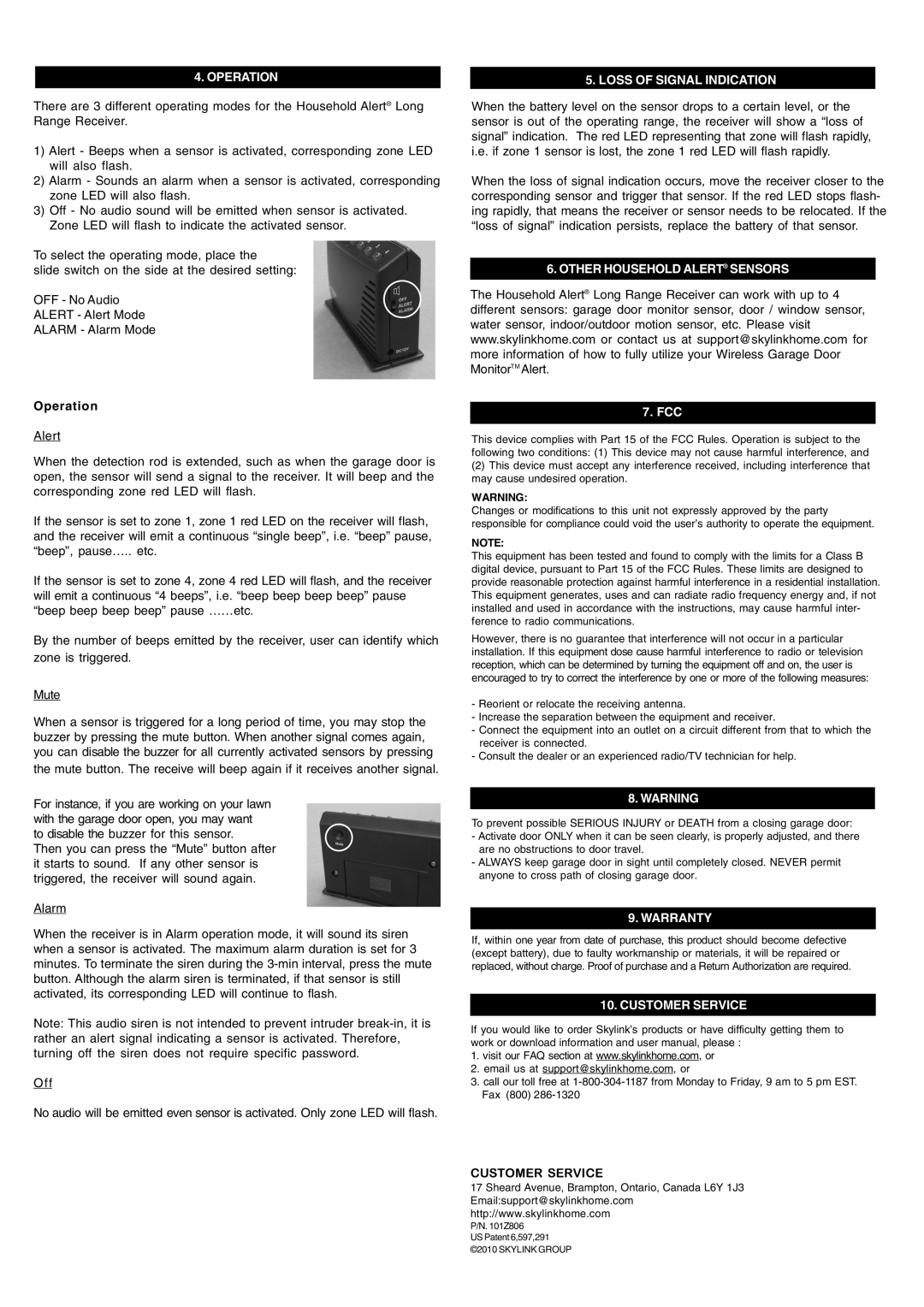 SkyLink GM-434TL manual Operation, Loss of Signal Indication, Other Household Alert Sensors, Warranty, Customer Service 