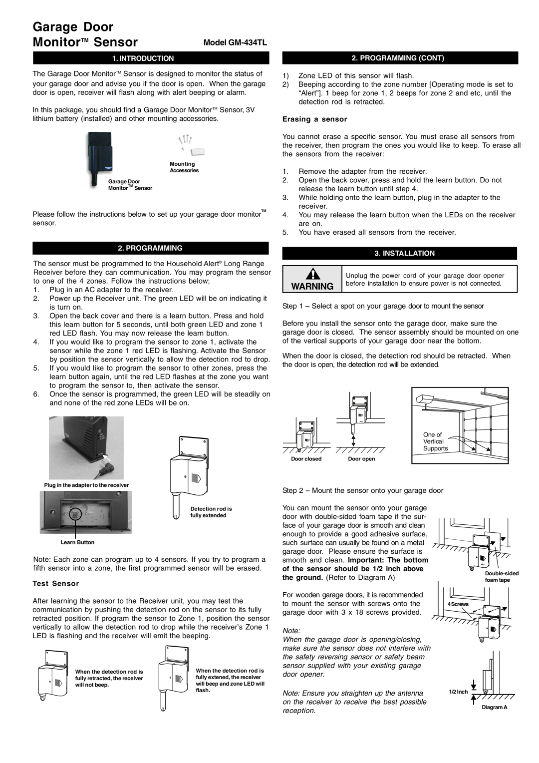 SkyLink GM-434TL manual Introduction, Programming Cont, Erasing a sensor, Installation, Test Sensor, Garage Door 
