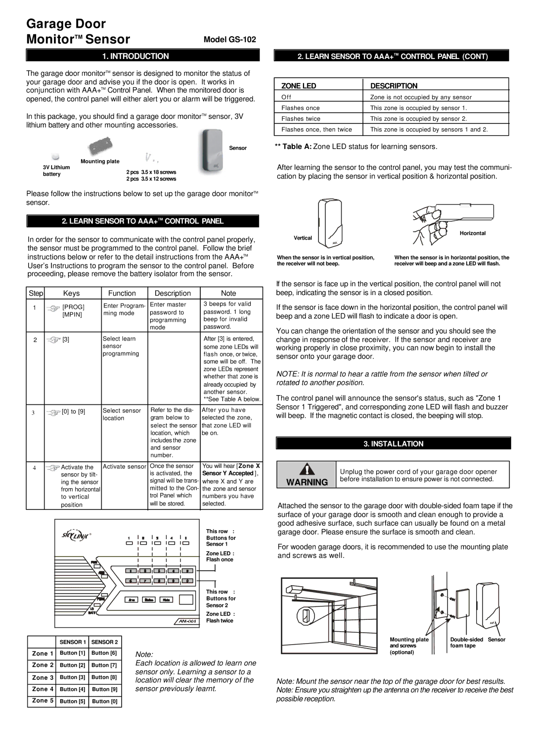 SkyLink GS-102 manual Learn Sensor to AAA+TM Control Panel, Installation 