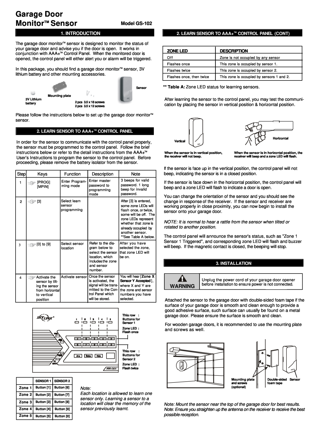 SkyLink GS-102 manual Learn Sensor To Aaa+Tm Control Panel Cont, Zone Led, Description, Installation, Garage Door 