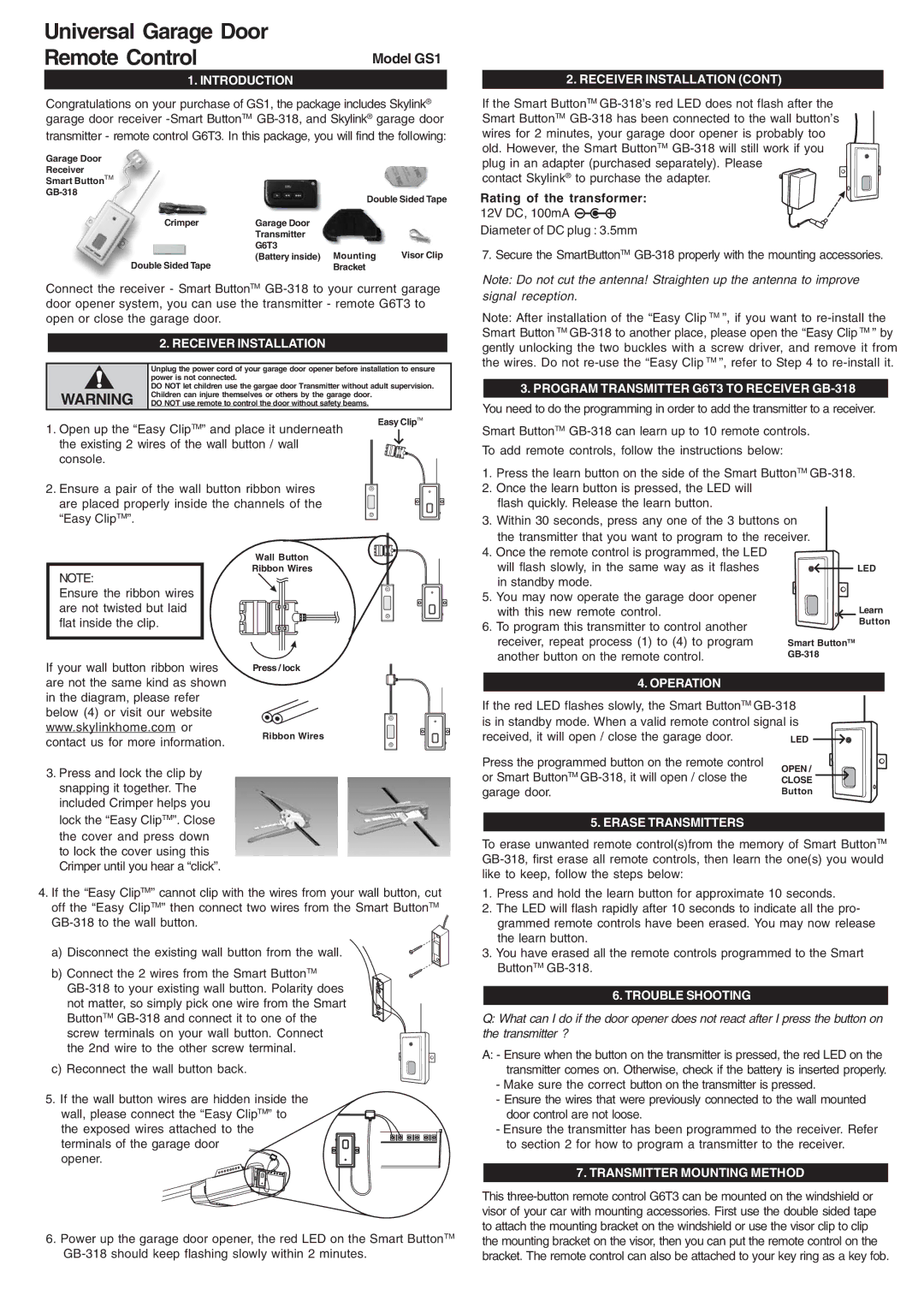 SkyLink GS1 manual Introduction, Receiver Installation, Program Transmitter G6T3 to Receiver GB-318, Operation 