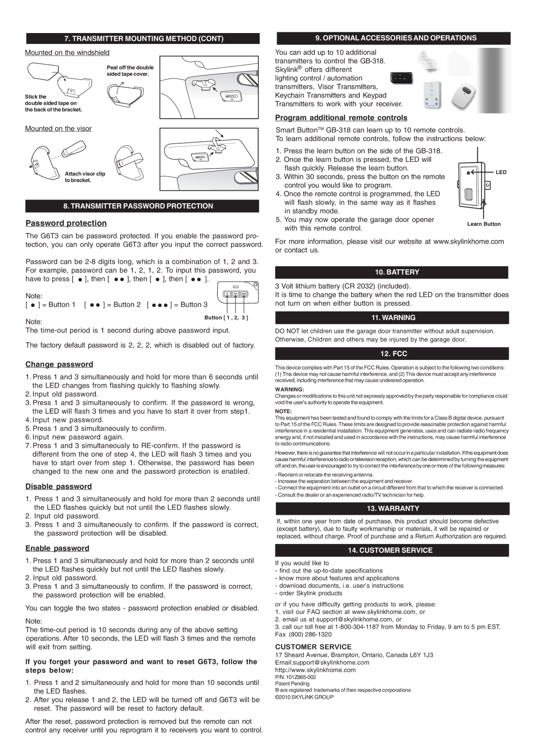 SkyLink GS1 manual Battery, Warranty, Customer Service 