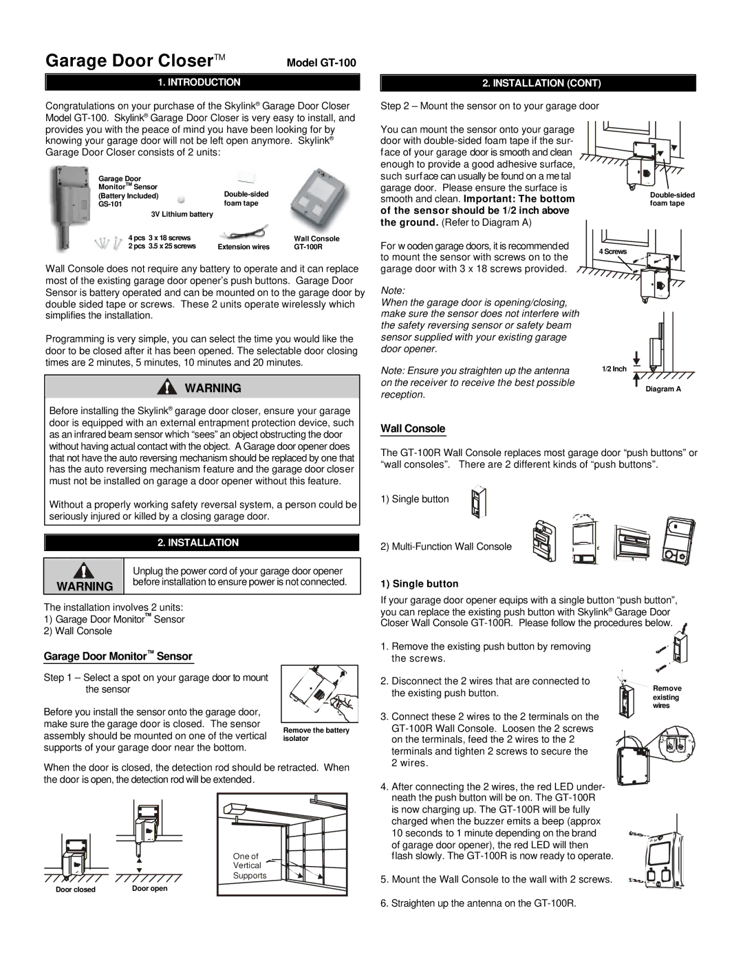 SkyLink manual Model GT-100, Wall Console, Garage Door MonitorTM Sensor, Introduction Installation 