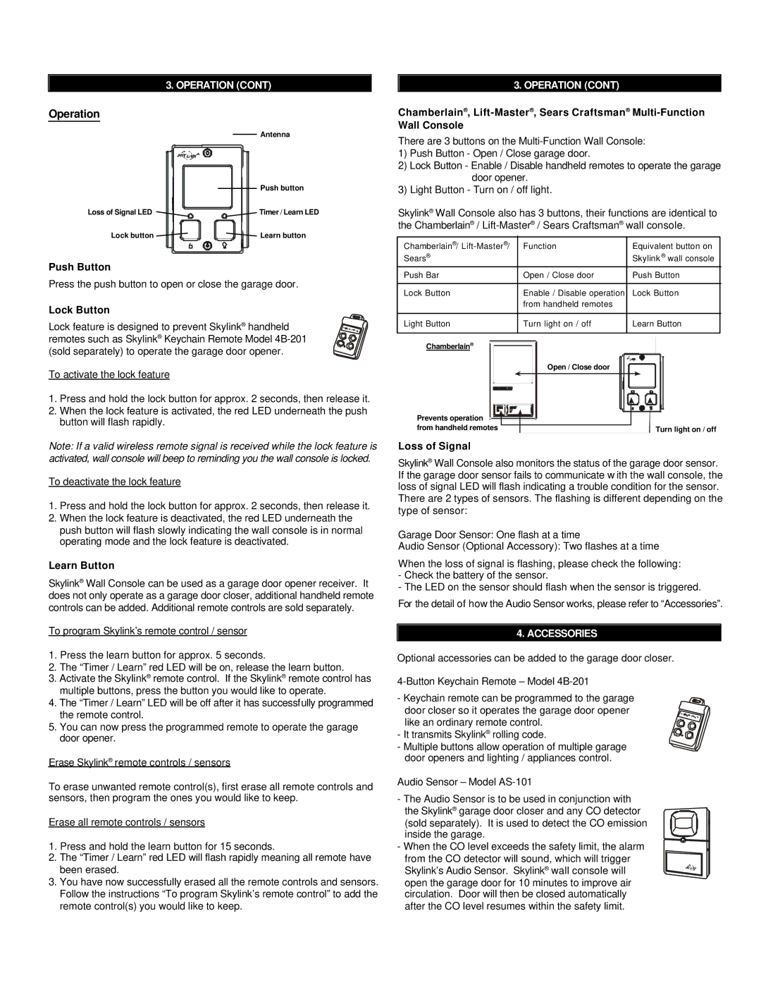 SkyLink GT-100 manual Operation, Accessories 