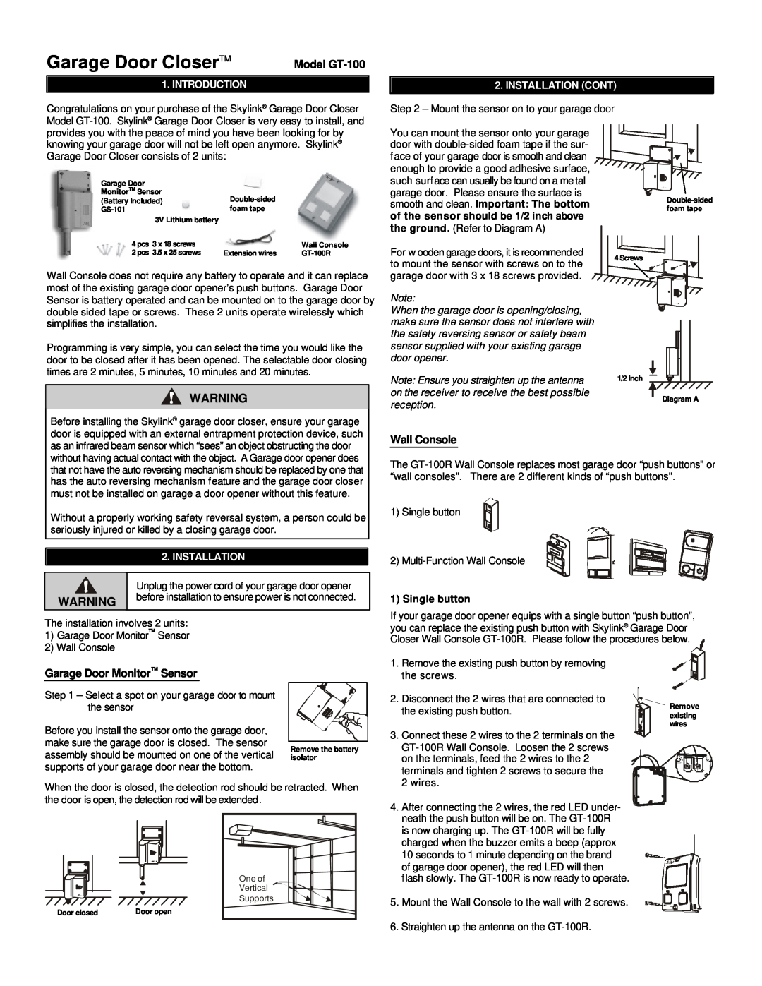SkyLink manual Model GT-100, Wall Console, Garage Door MonitorTM Sensor, Introduction, Installation Cont, reception 