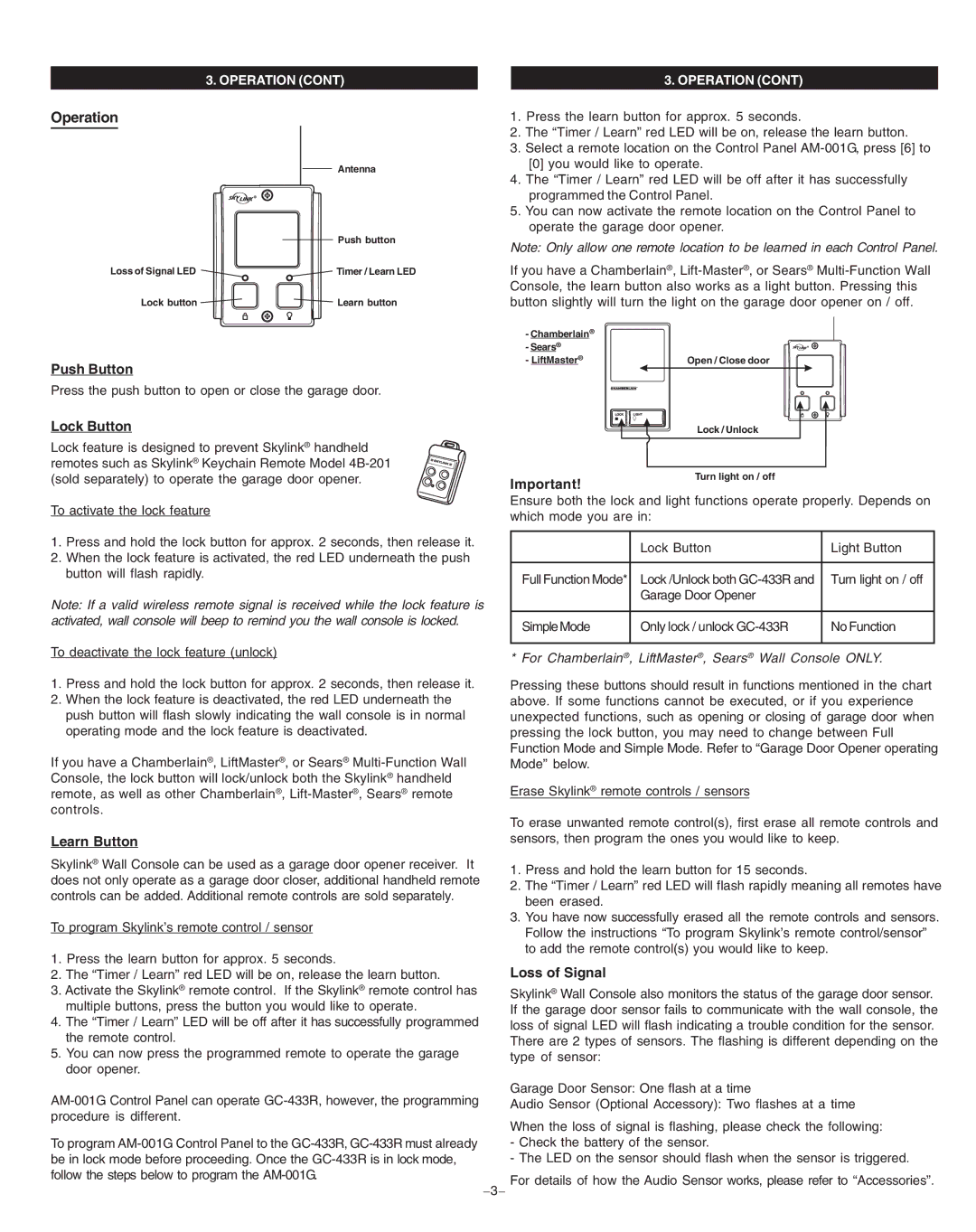 SkyLink GT-100A manual Operation, Push Button, Lock Button, Learn Button, Loss of Signal 