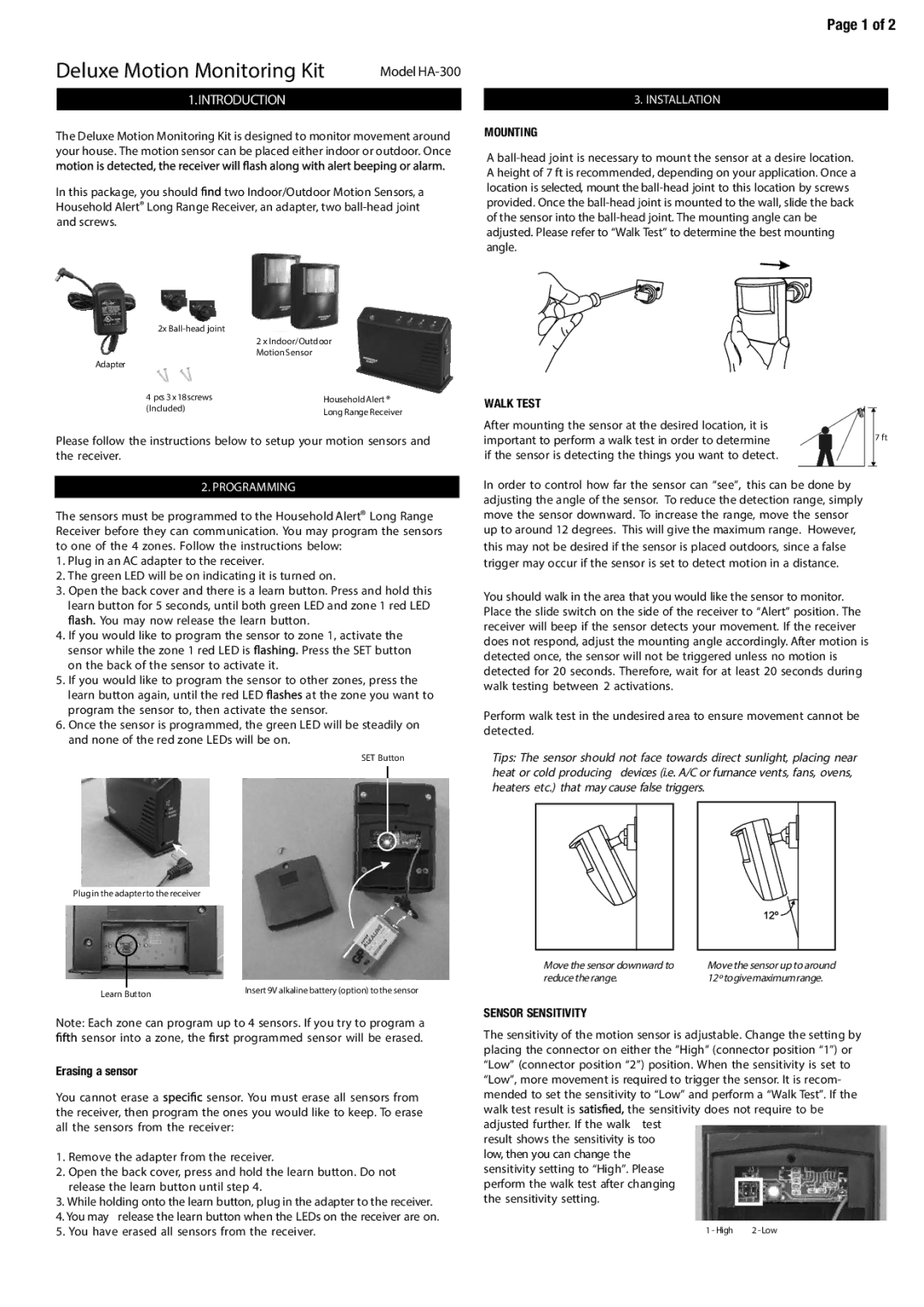 SkyLink HA-300 manual Programming, Installation, Mounting, Walk Test, Sensor Sensitivity 