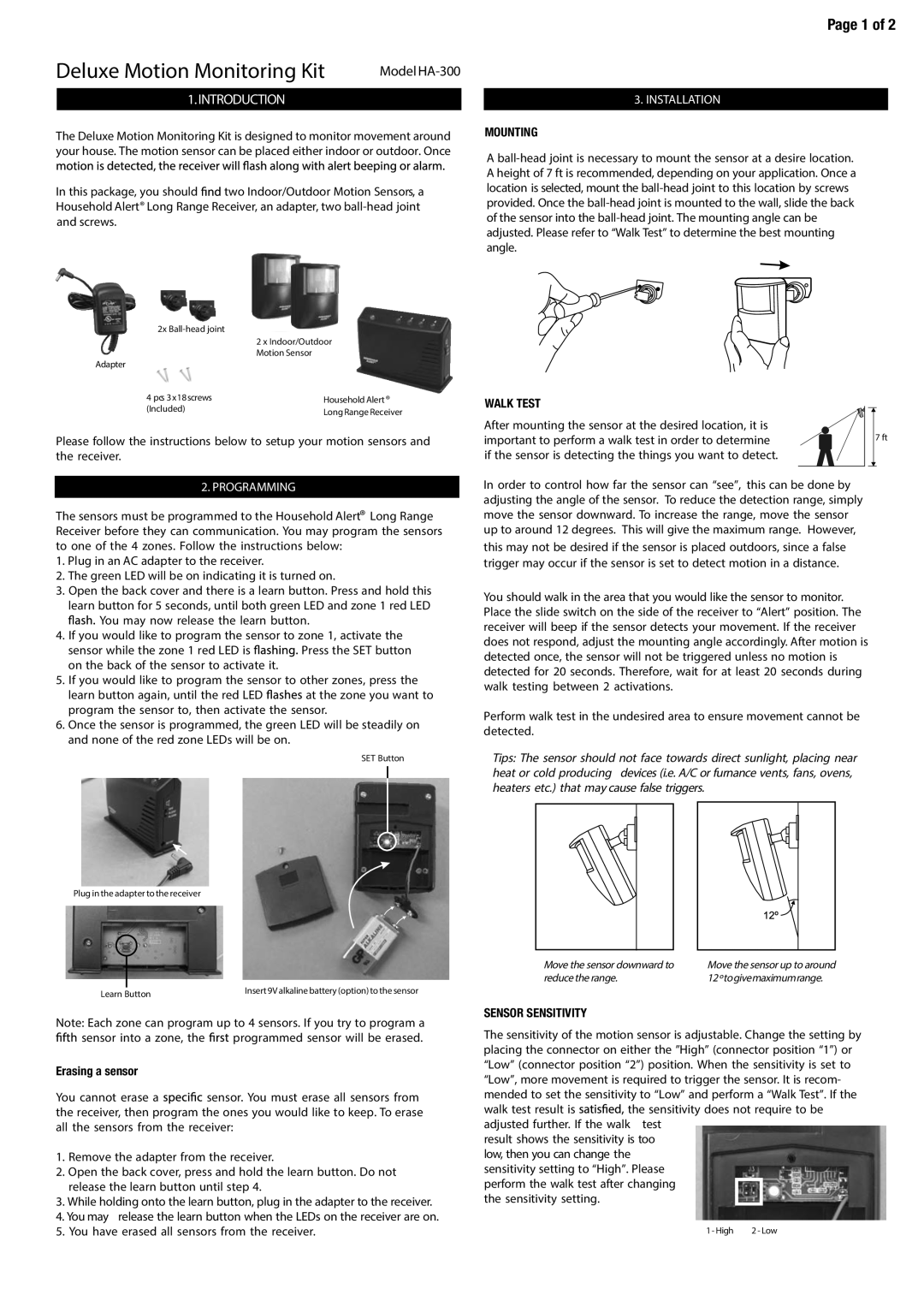 SkyLink HA-300 manual Page 1 of, Programming, Erasing a sensor, Installation, Mounting, Walk Test, Sensor Sensitivity 