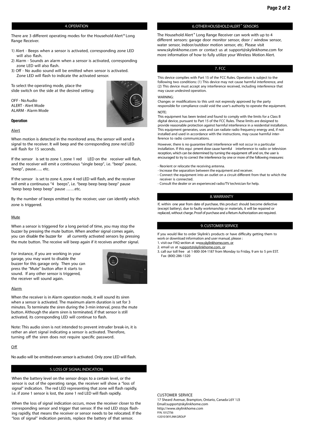 SkyLink HA-300 manual Page 2 of, Operation, Loss Of Signal Indication, Otherhouseholdalert Sensors, Fcc, Warranty 