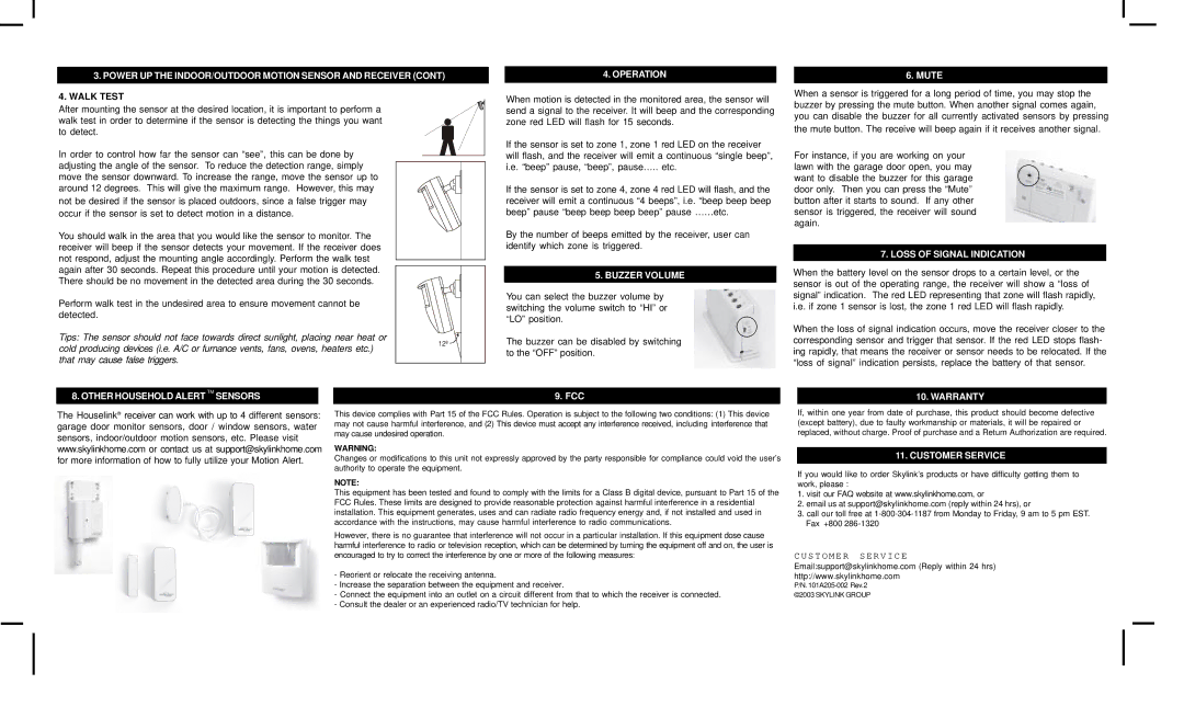 SkyLink HA-318 manual Operation, Buzzer Volume, Mute, Loss of Signal Indication, Other Household Alert TM Sensors, Warranty 