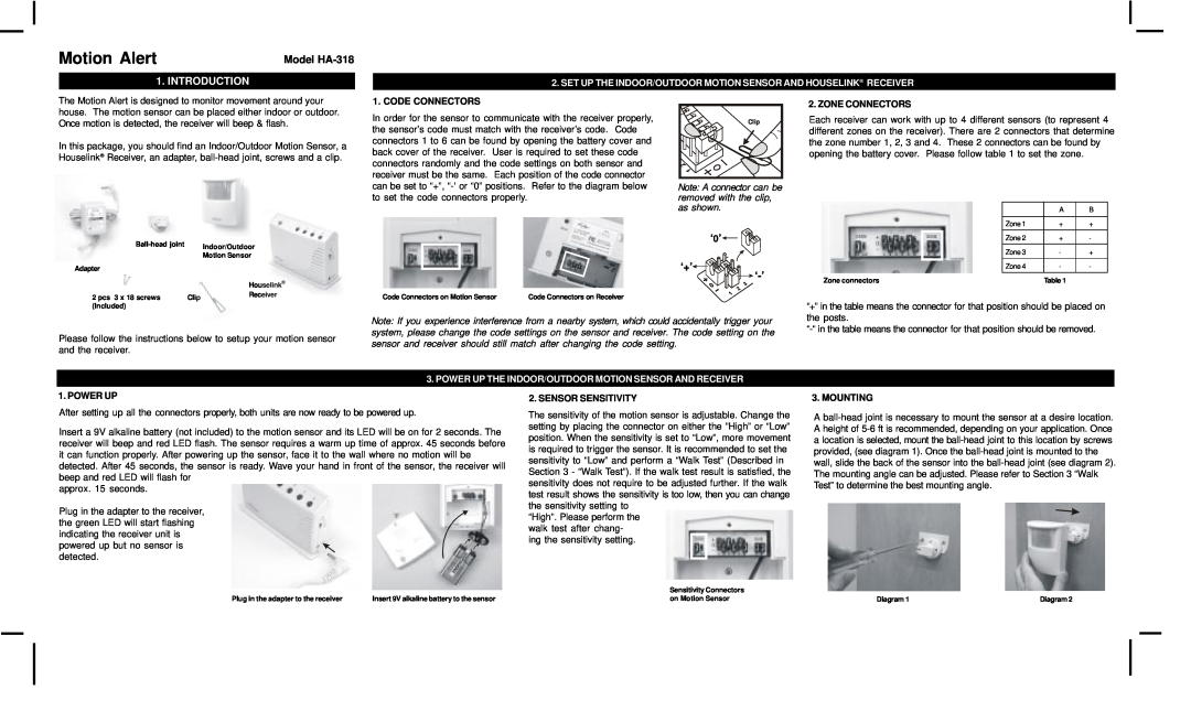 SkyLink manual Code Connectors, Zone Connectors, Power Up, Sensor Sensitivity, Mounting, Motion Alert, Model HA-318 