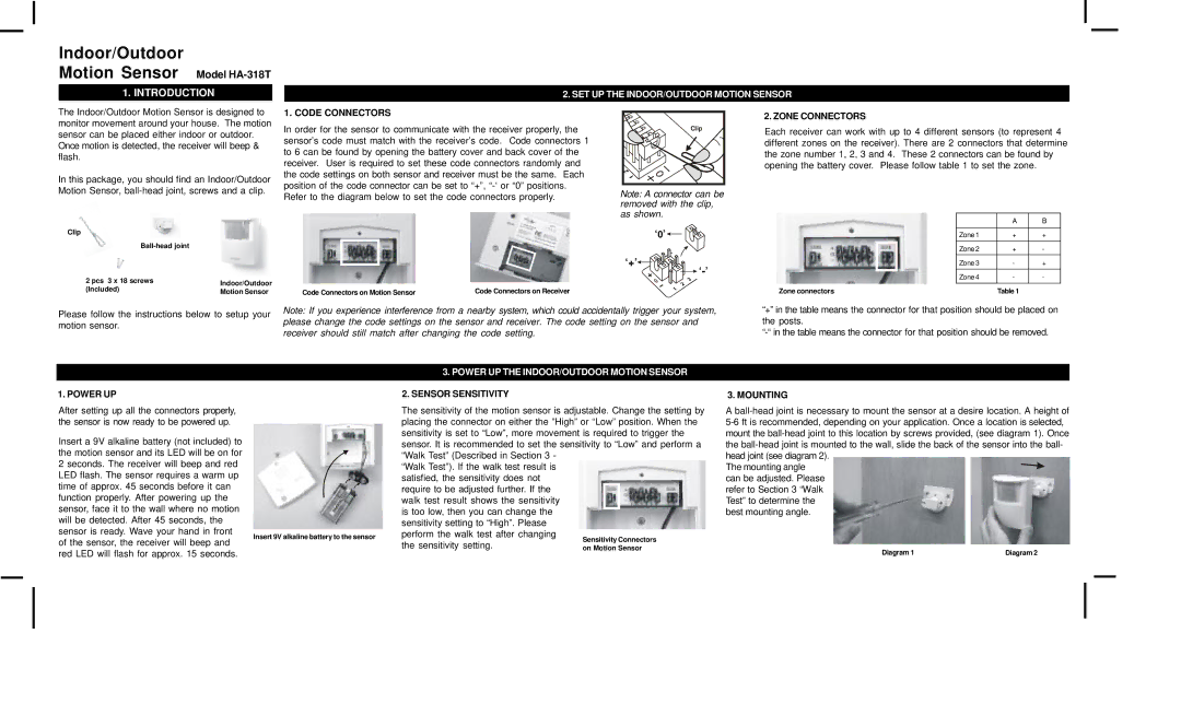 SkyLink HA-318T manual SET UP the INDOOR/OUTDOOR Motion Sensor, Power UP the INDOOR/OUTDOOR Motion Sensor 