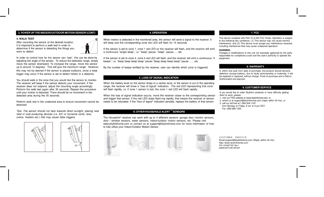 SkyLink HA-318T Power UP the INDOOR/OUTDOOR Motion Sensor Operation, Loss of Signal Indication, Warranty, Customer Service 