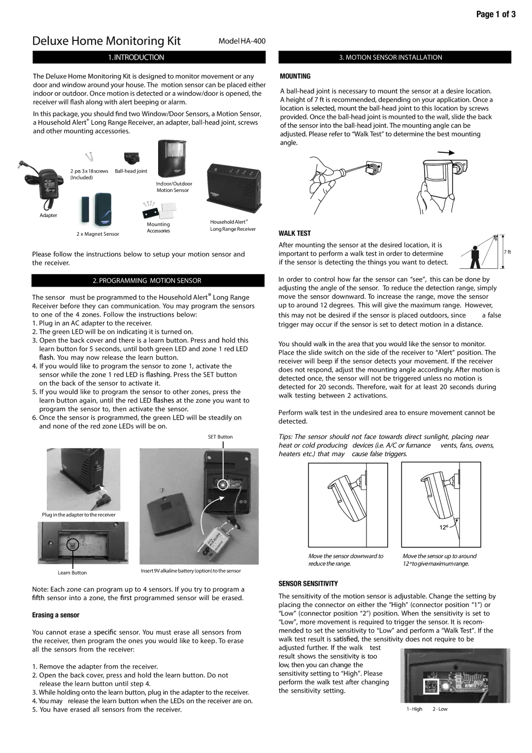 SkyLink HA-400 manual Programming Motion Sensor, Motion Sensor Installation, Mounting, Walk Test, Sensor Sensitivity 