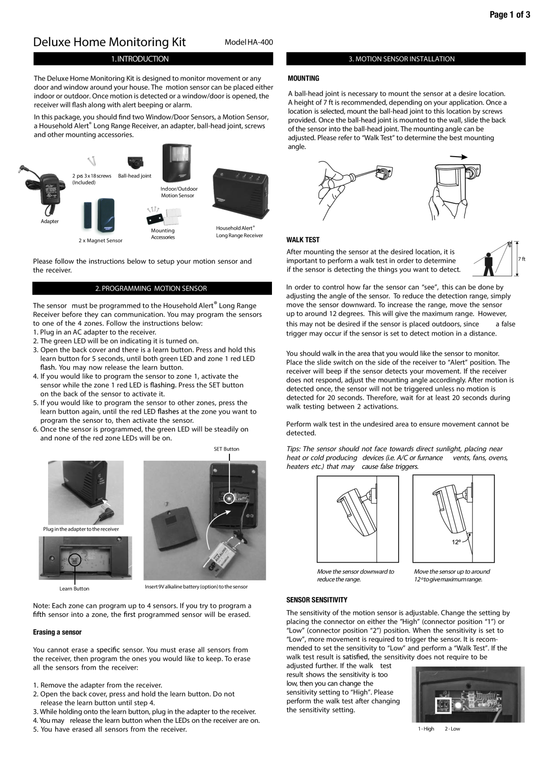 SkyLink HA-400 manual Page 1 of, Programming Motion Sensor, Erasing a sensor, Motion Sensor Installation, Mounting 