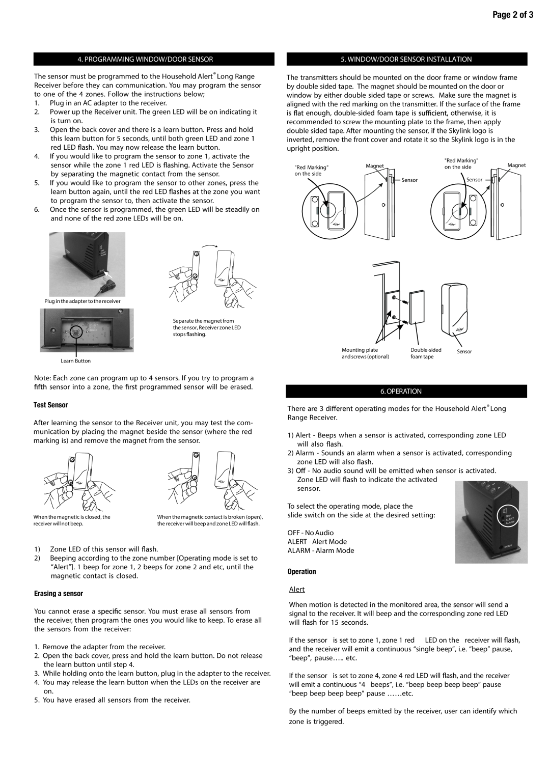 SkyLink HA-400 manual Page 2 of, Programming Window/Door Sensor, Test Sensor, Window/Door Sensor Installation, Operation 