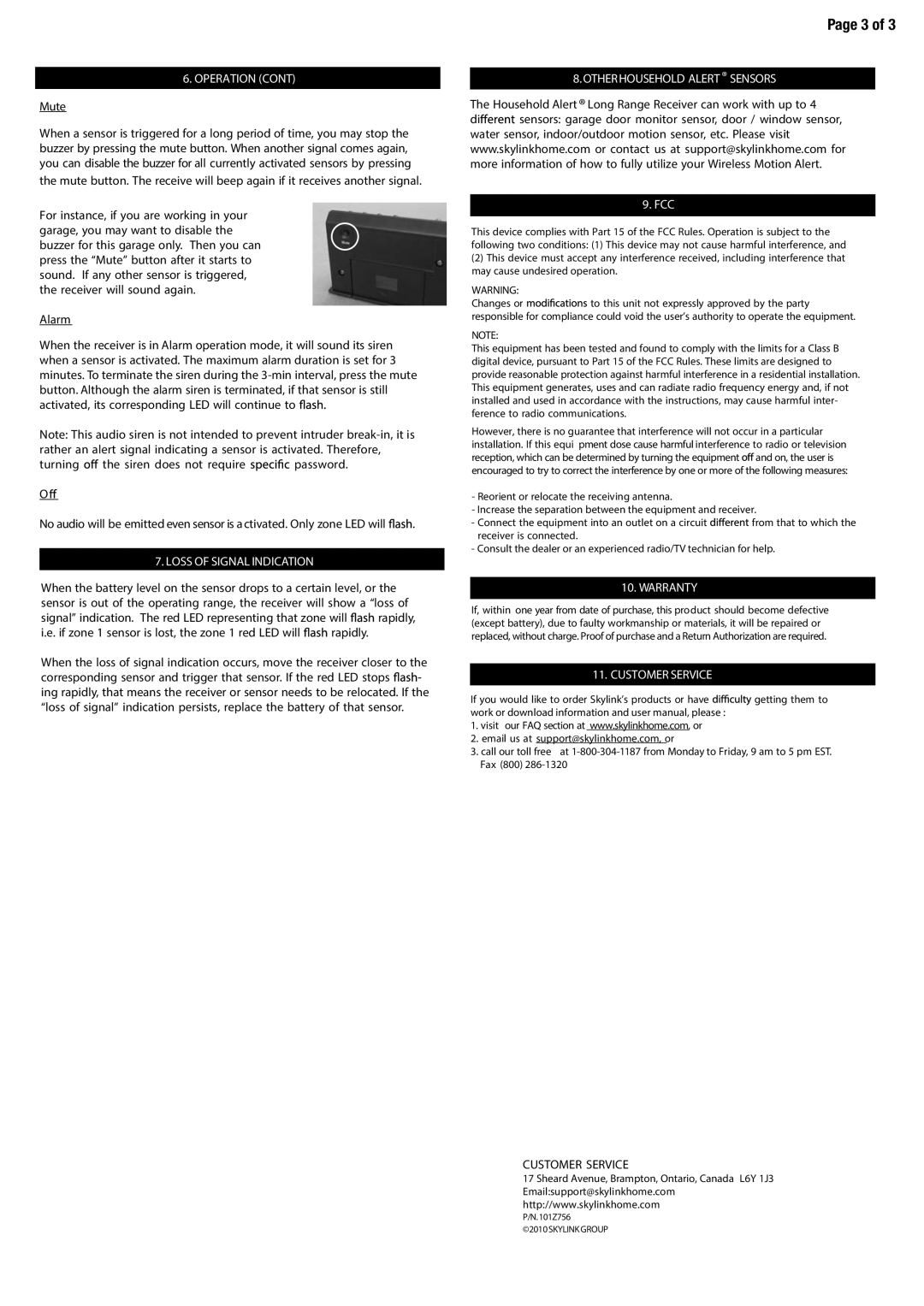SkyLink HA-400 manual Page 3 of, Operation Cont, Loss Of Signal Indication, Otherhousehold Alert Sensors, Fcc, Warranty 