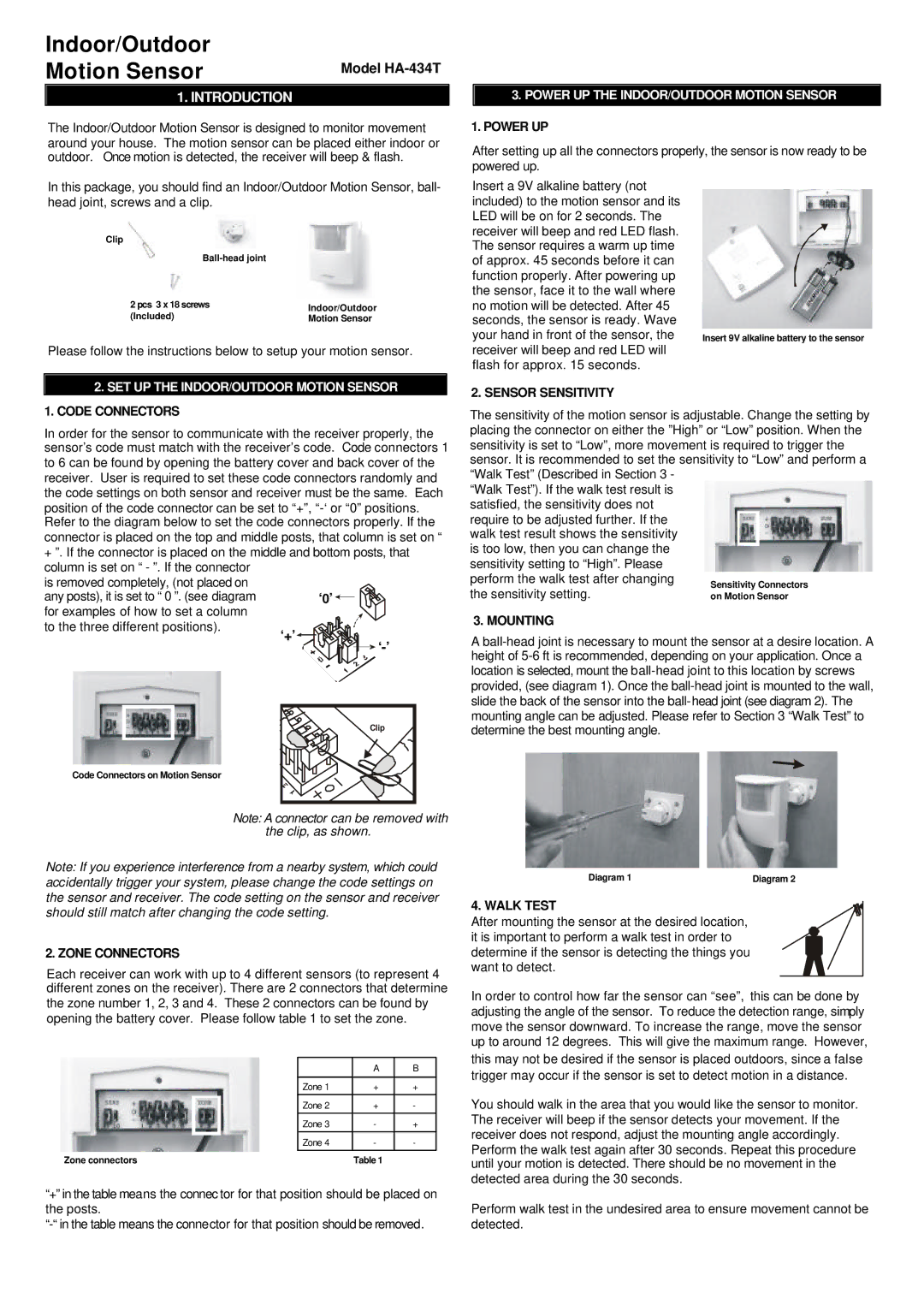 SkyLink HA-434T manual SET UP the INDOOR/OUTDOOR Motion Sensor, Power UP the INDOOR/OUTDOOR Motion Sensor 