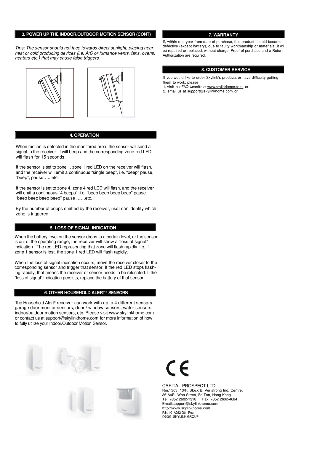 SkyLink HA-434T manual Warranty, Customer Service, Operation, Loss of Signal Indication, Other Household Alert Sensors 