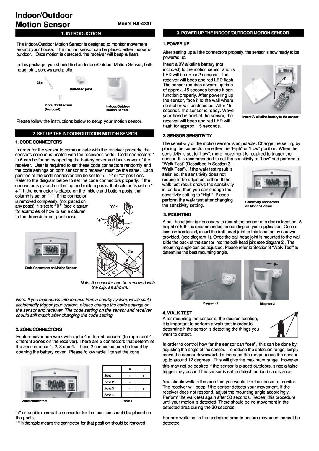 SkyLink HA-434T manual Set Up The Indoor/Outdoor Motion Sensor, Code Connectors, for examples of how to set a column 