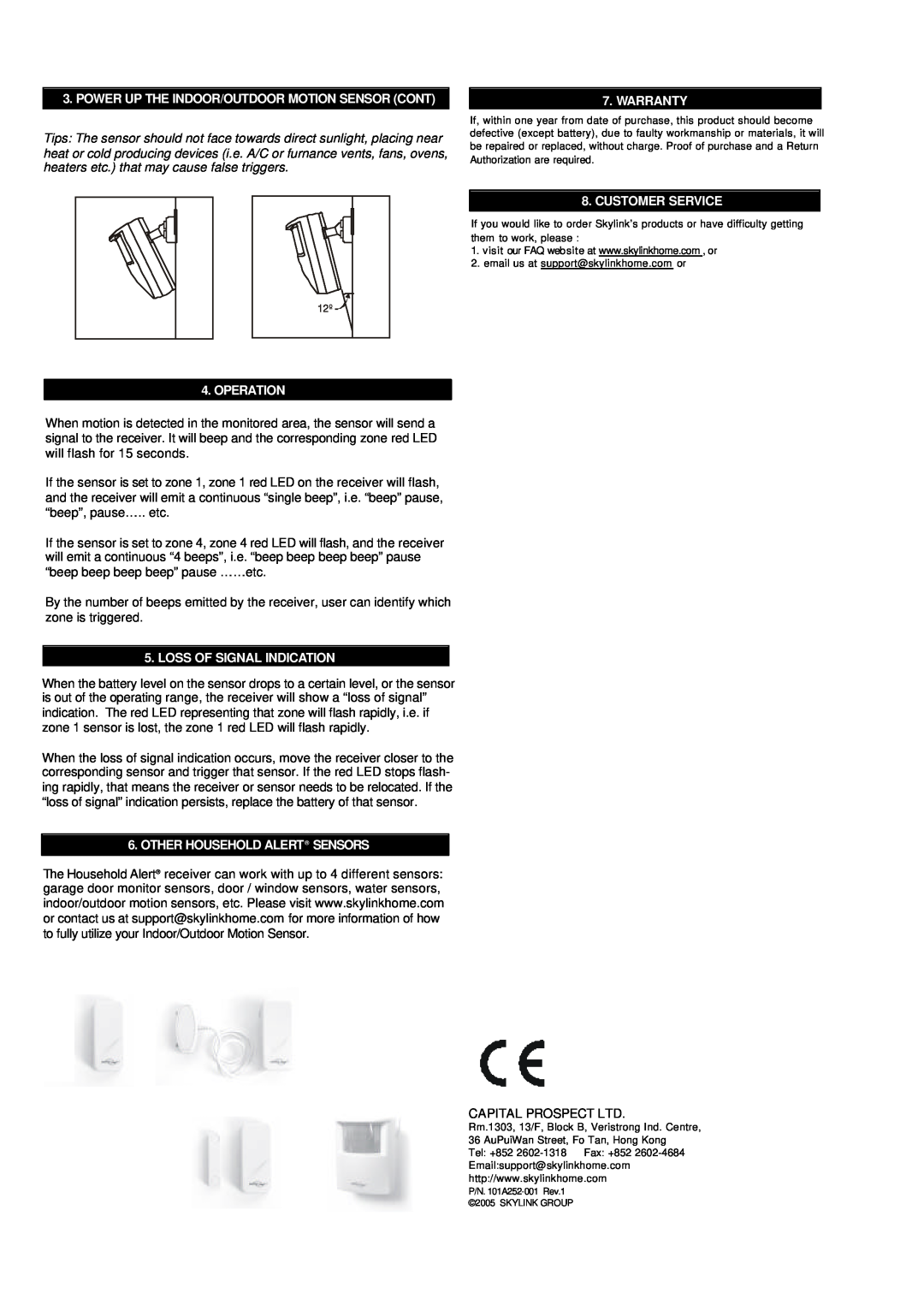 SkyLink HA-434T manual Power Up The Indoor/Outdoor Motion Sensor Cont, Warranty, Customer Service, Operation 