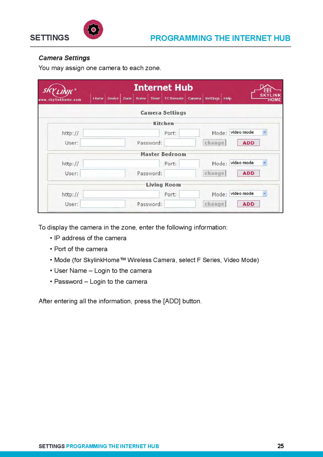 SkyLink HU-318 user manual Camera Settings 