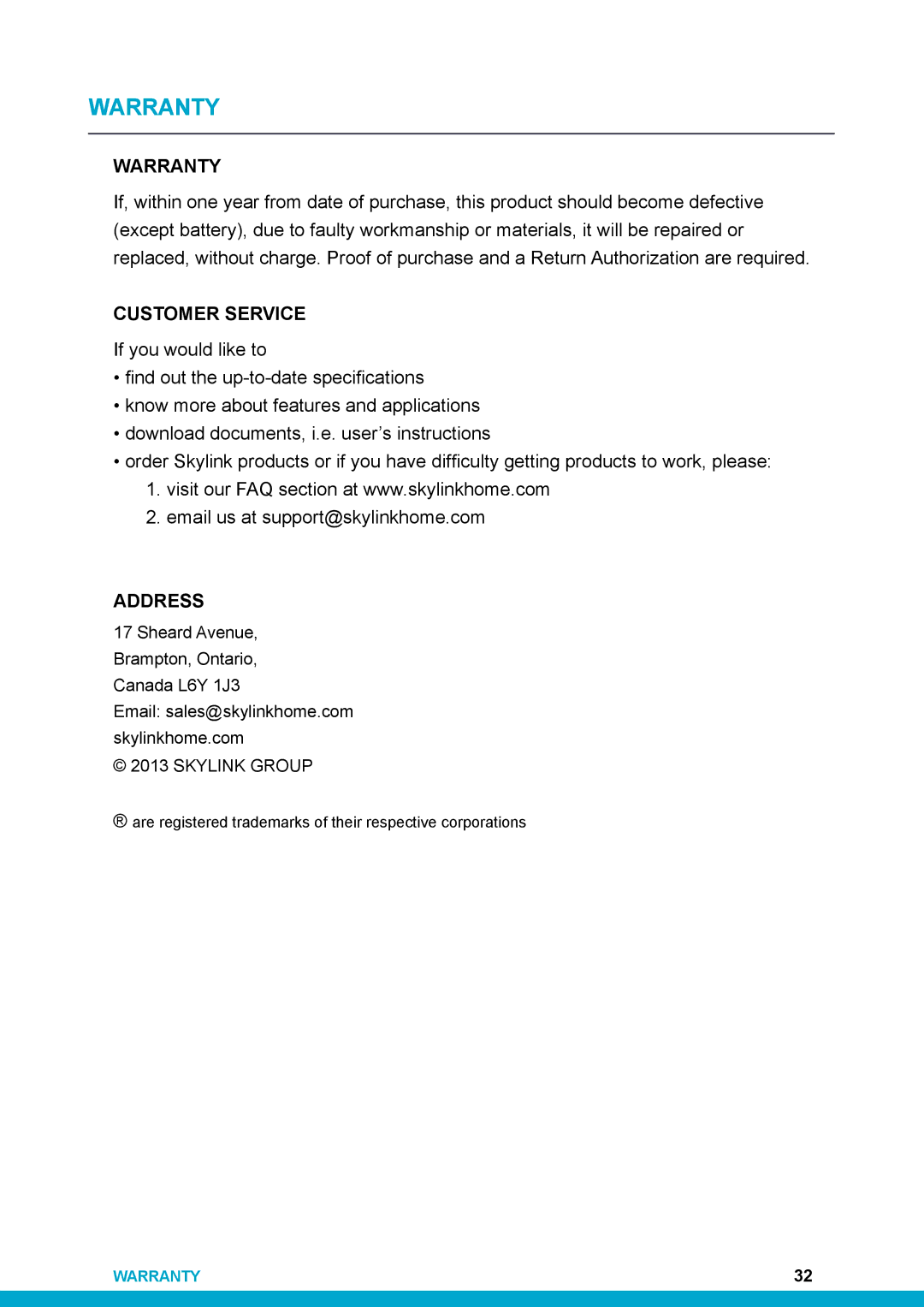 SkyLink HU-318 user manual Warranty 