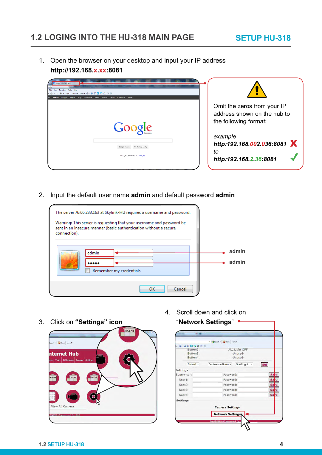 SkyLink setup guide Loging Into the HU-318 Main, Click on Settings icon Network Settings 