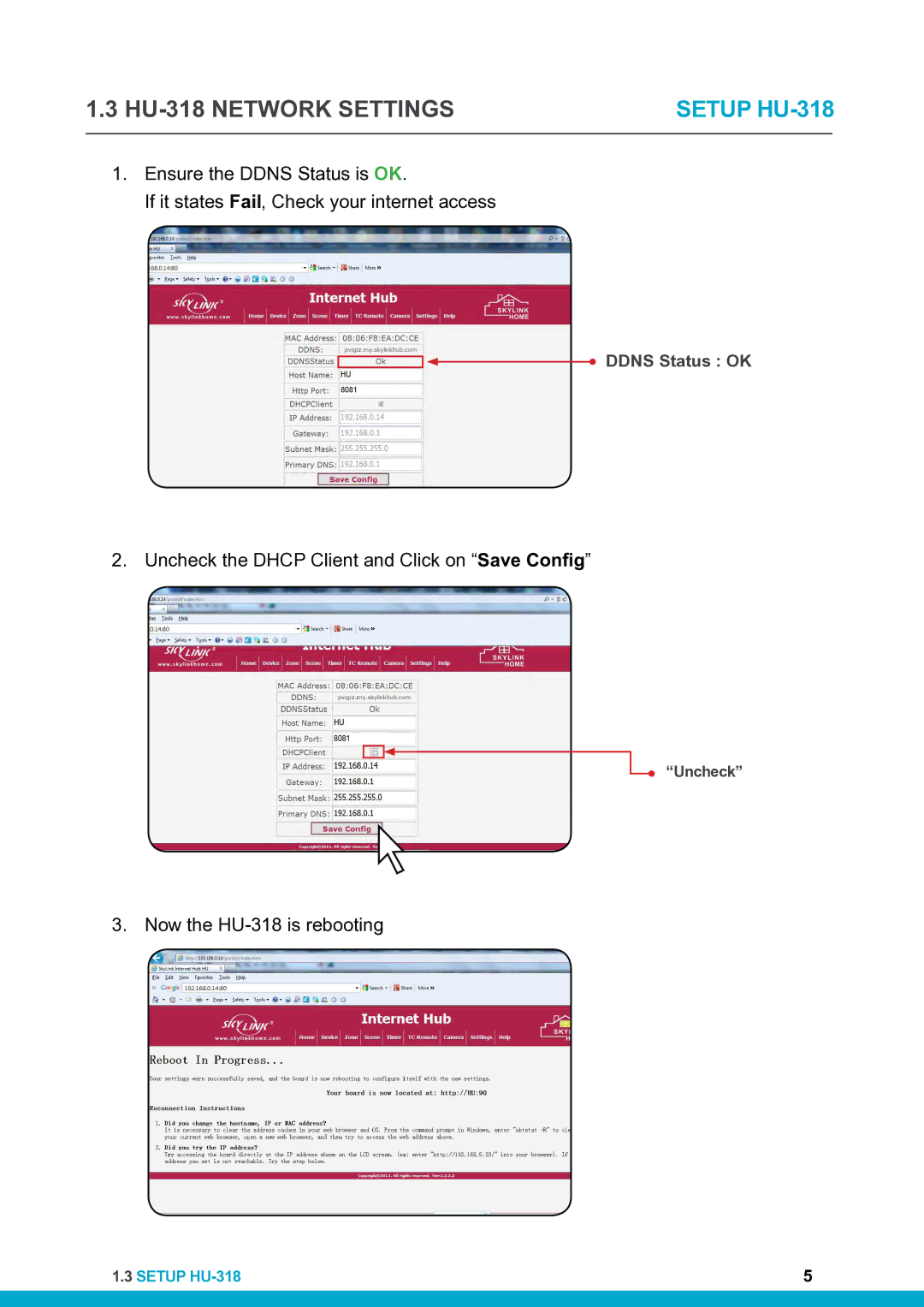 SkyLink setup guide HU-318 Network Settings 