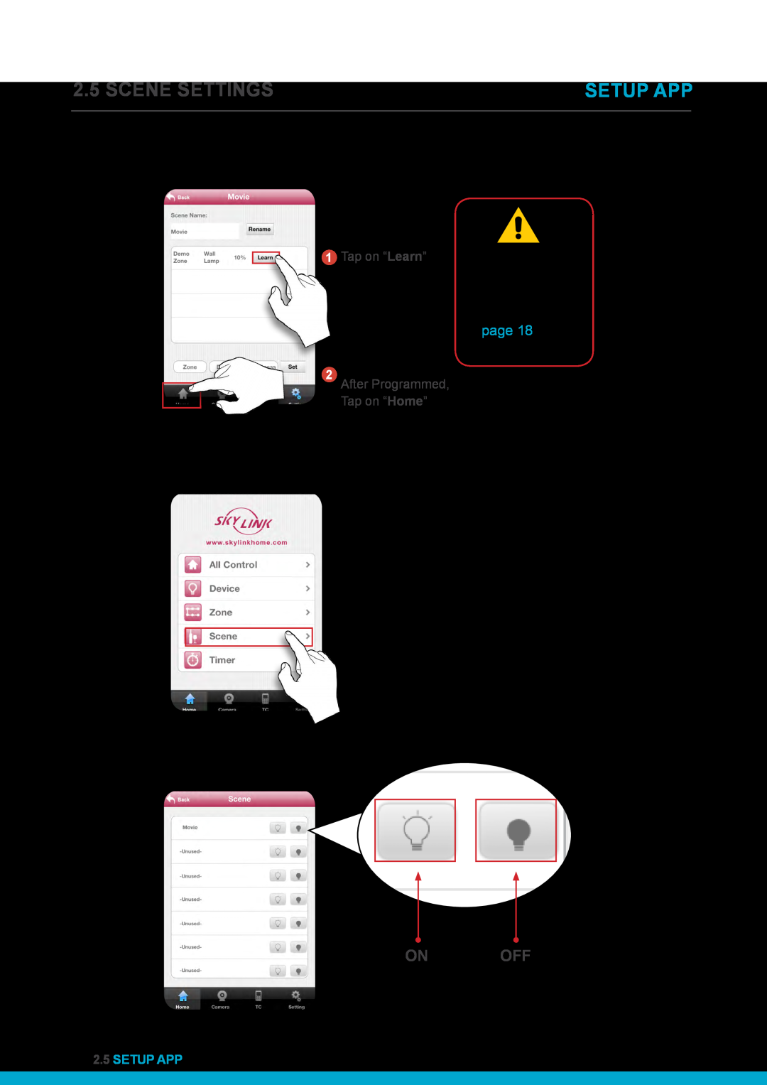 SkyLink HU-318 Tap on “Scene”, Tap icons to control the device, ON/OFF switch, On Off, Scene Settings, Setup App 