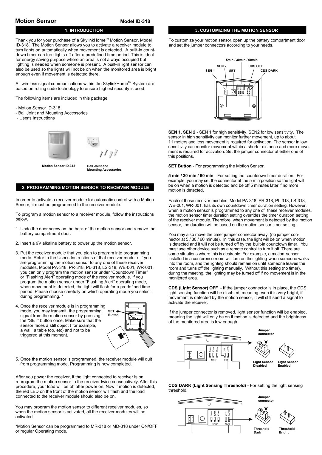 SkyLink ID-318 manual Introduction, Customizing the Motion Sensor, Programming Motion Sensor to Receiver Module 