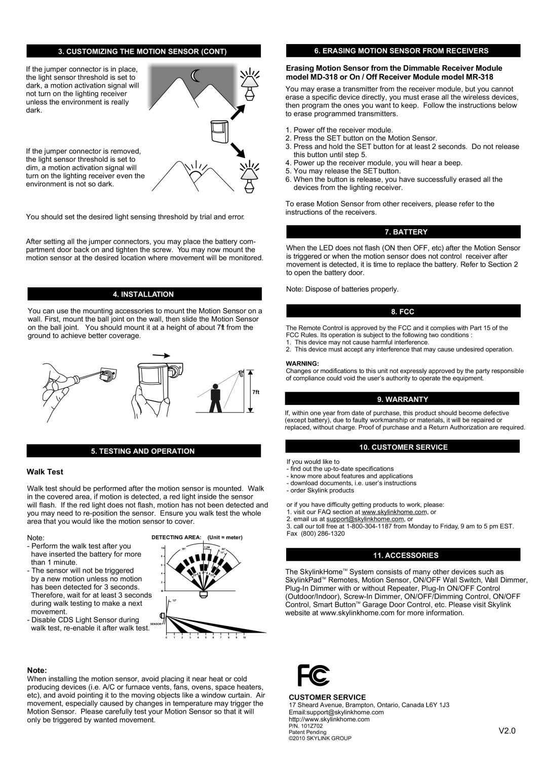 SkyLink ID-318 Installation, Erasing Motion Sensor from Receivers, Battery, Warranty, Testing and Operation, Accessories 
