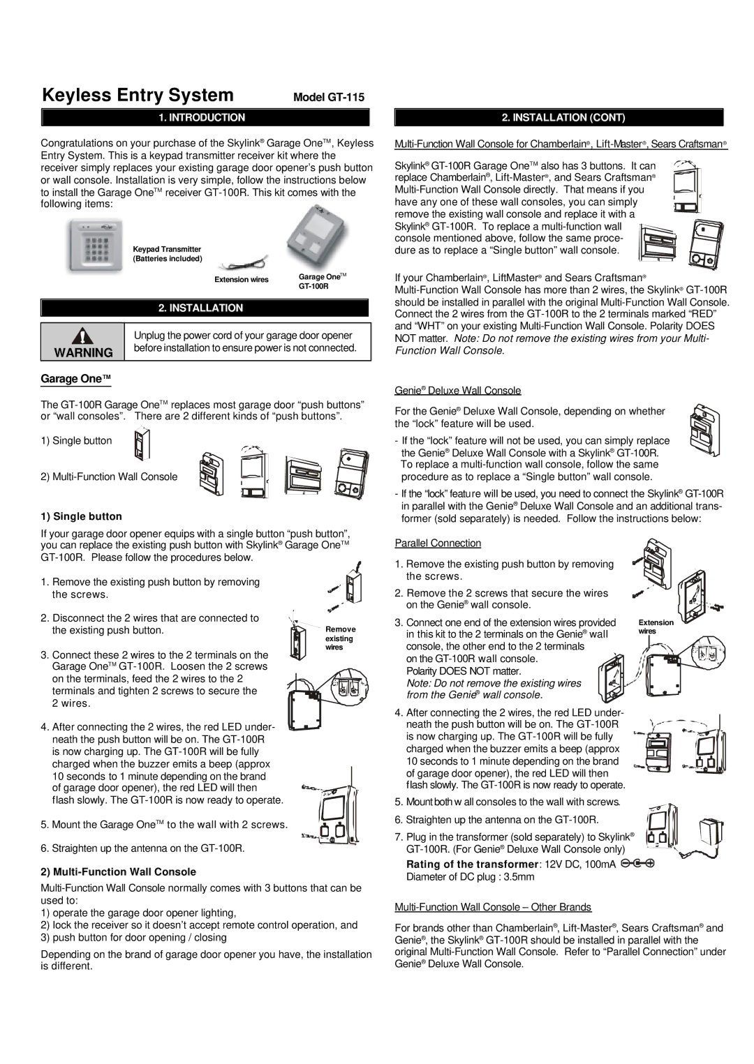 SkyLink Keyless Entry System manual Model GT-115, Garage OneTM, Introduction, Installation 