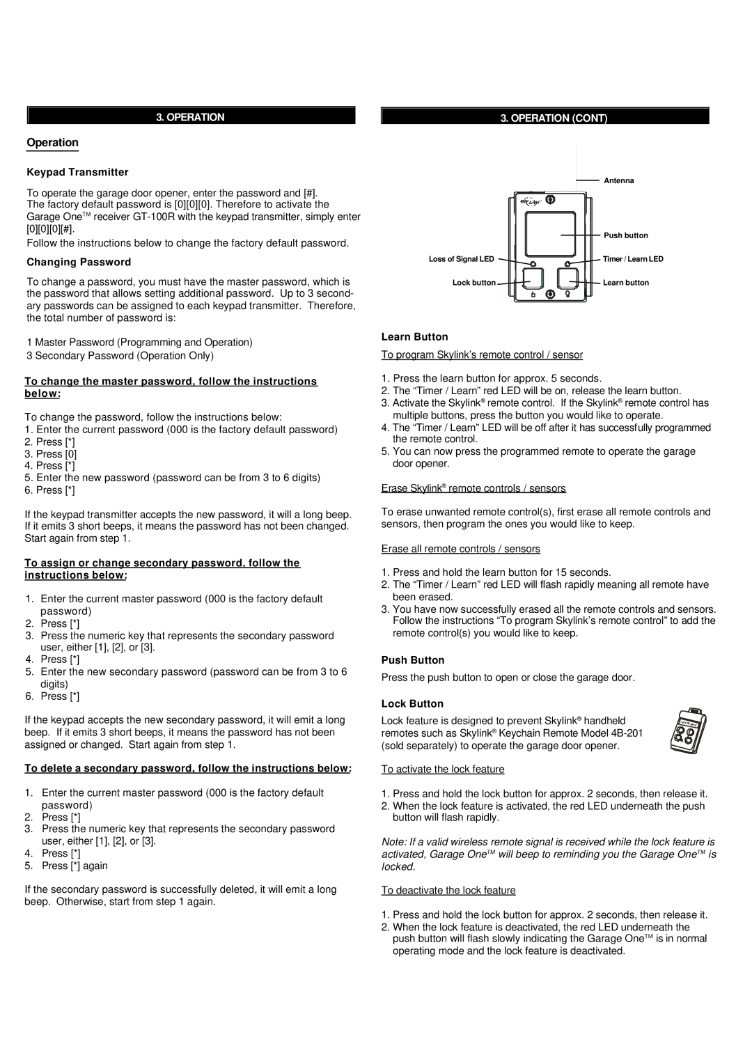 SkyLink Keyless Entry System, GT-115 manual Operation 