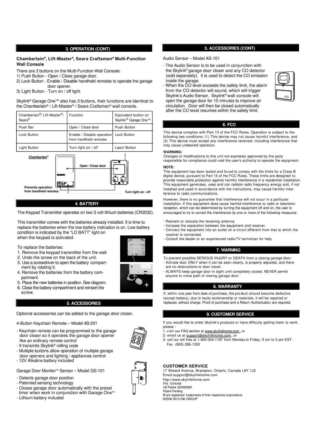 SkyLink GT-115, Keyless Entry System manual Battery, Accessories, Warranty, Customer Service 