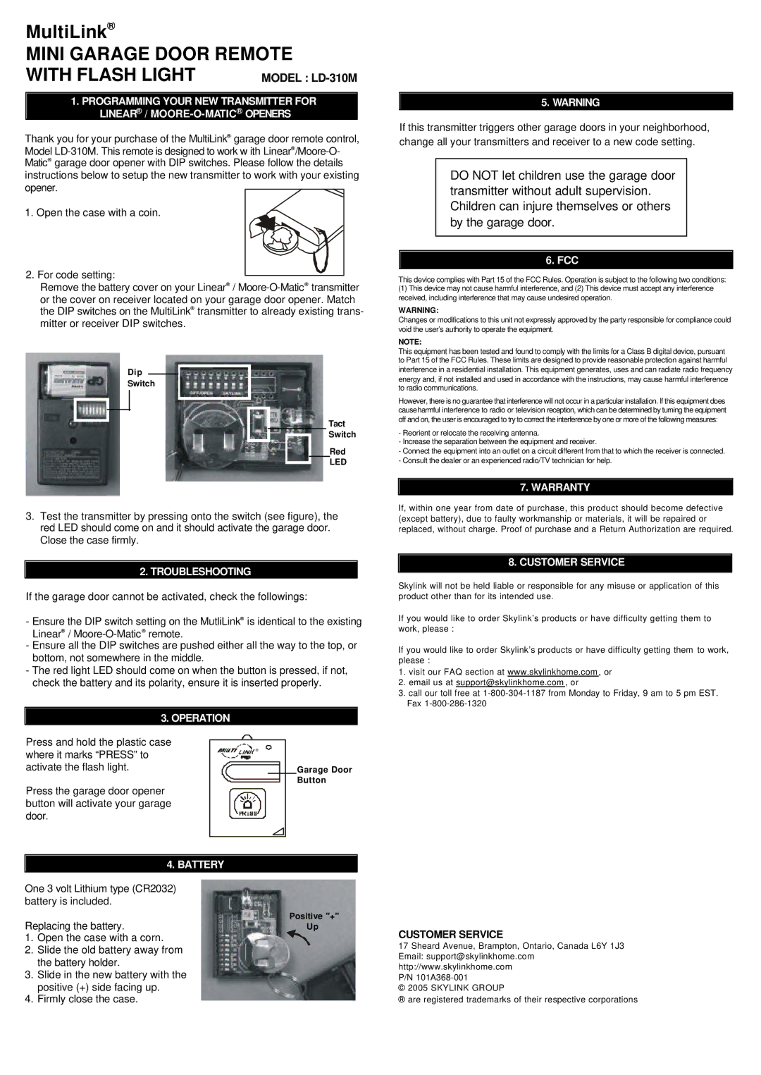 SkyLink warranty Mini Garage Door Remote With Flash Light, Model LD-310M 