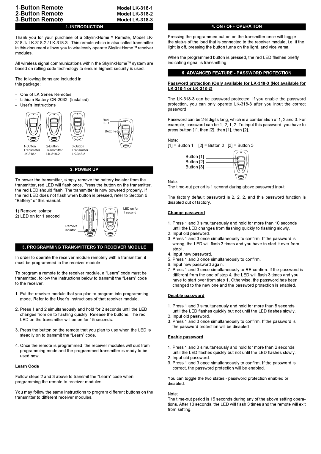 SkyLink LK-318-3, LK-318-1 manual Introduction, Power UP, Programming Transmitters to Receiver Module, On / OFF Operation 