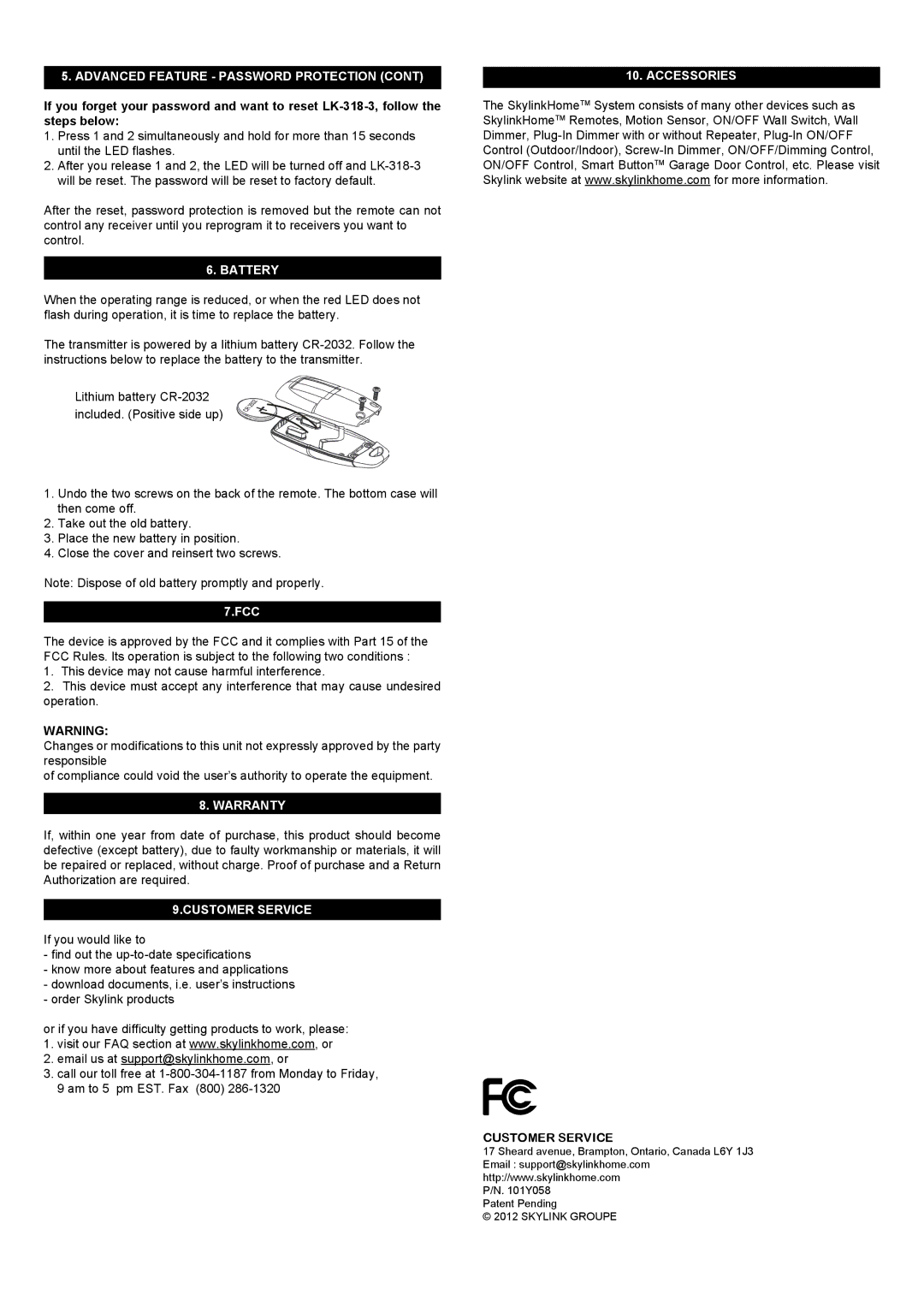 SkyLink LK-318-2, LK-318-1, LK-318-3 manual Fcc, Warranty, Customer Service, Accessories 